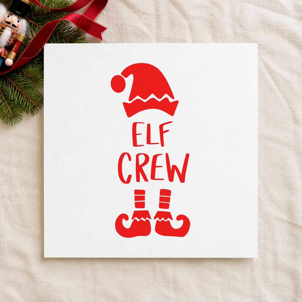 Elf Crew Hat And Shoes craft stamp in red ink on cardstock, an easy option for tunic front printing.