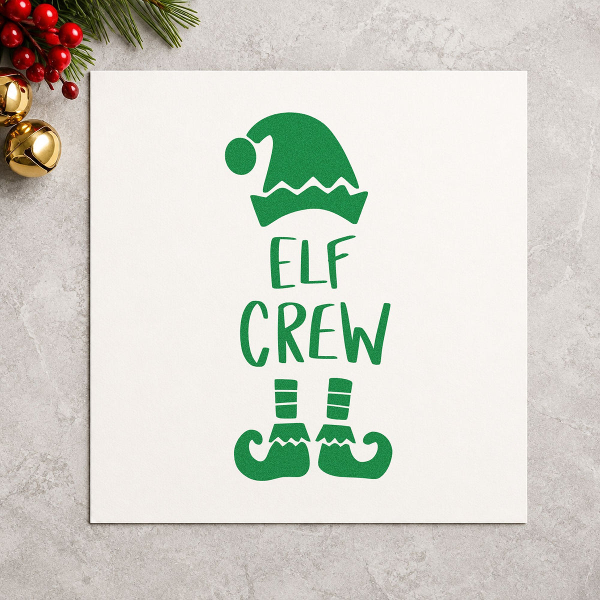 Elf Crew Hat And Shoes craft stamp imprinted in green ink on paper, a design suited to framed workshop bench.