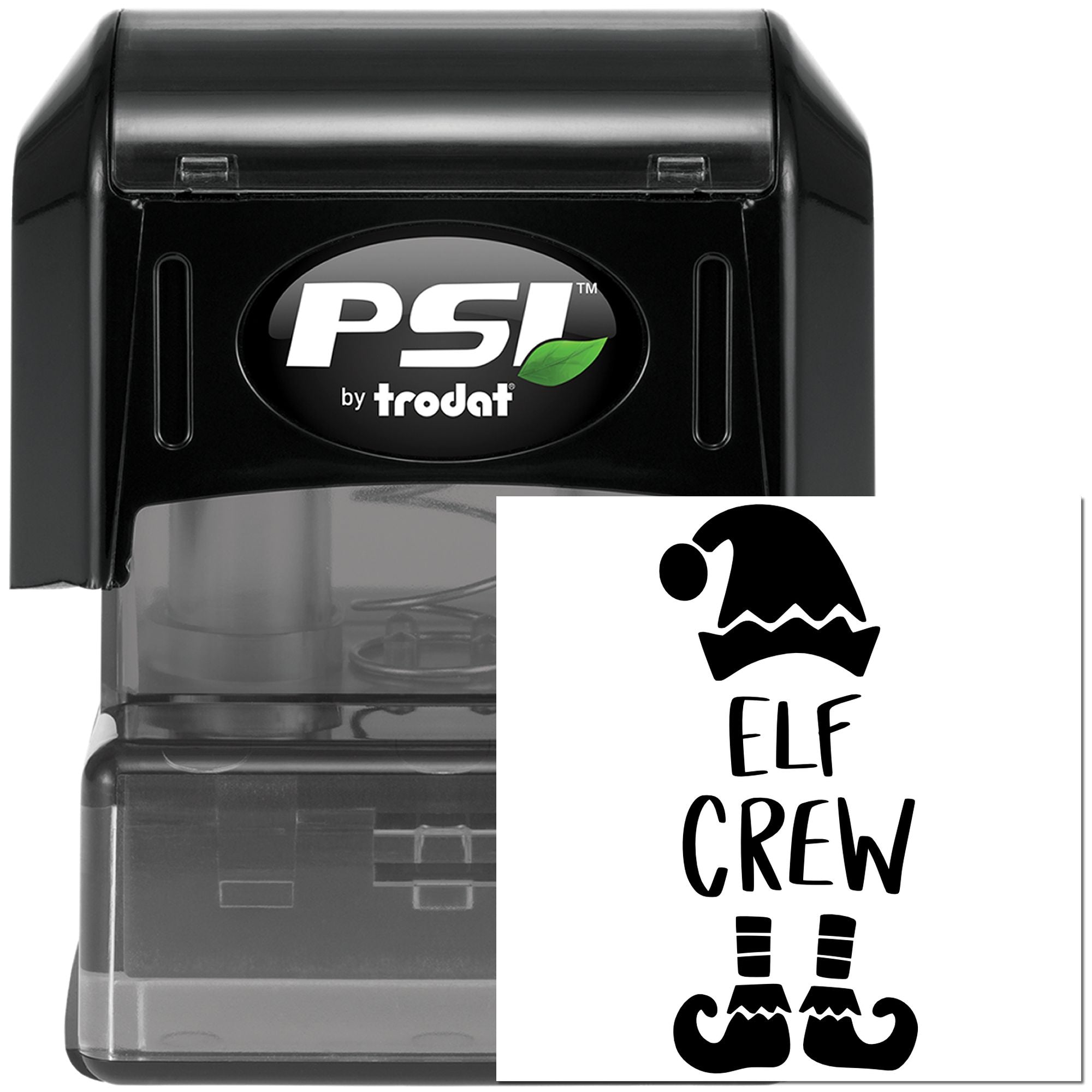 PSI by Trodat self-inking rubber stamp with Elf Crew holiday design, ideal for custom Christmas stationery and packaging