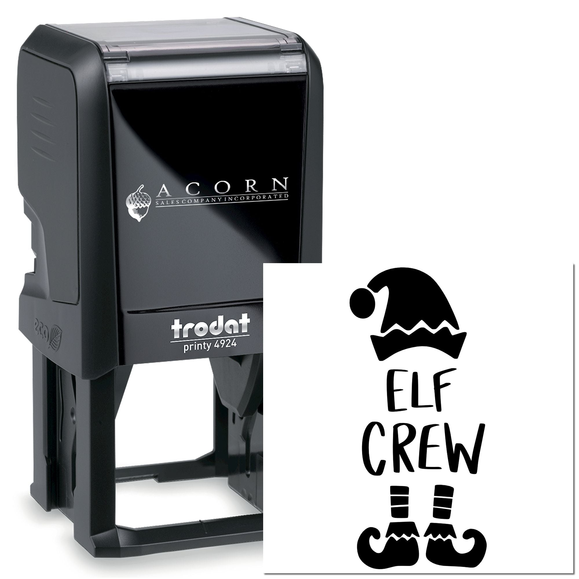 Custom self-inking rubber stamp with elf crew design, ideal for holiday business branding and Trodat Printy 4924 stamping.