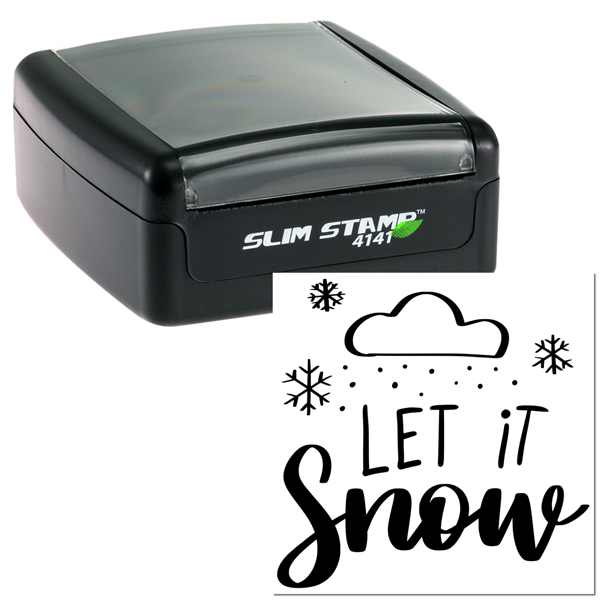 Custom self-inking rubber stamp with Let It Snow winter design for holiday cards, crafts, and seasonal paper projects.