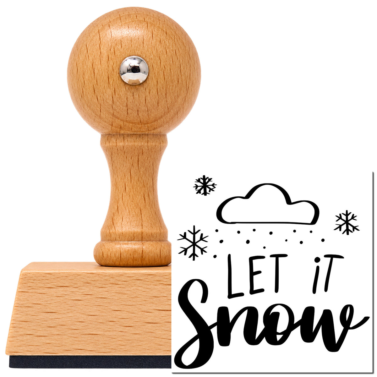 Let It Snow Cloud Snowflakes Vintage Pro rubber stamp in European beech wood with a round knob handle, shown beside its black imprint.