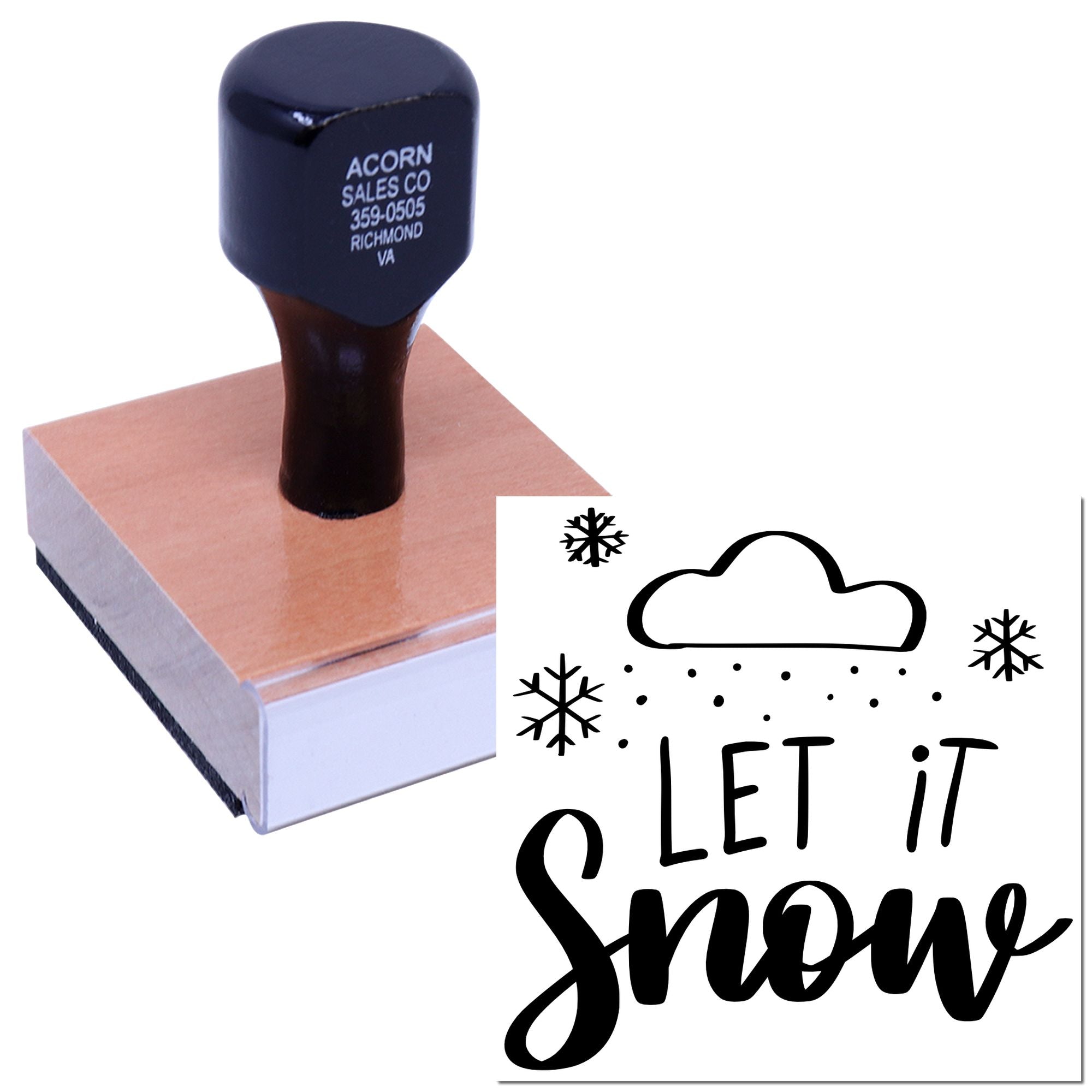 Custom rubber stamp with Let It Snow holiday design and snowflakes, ideal for winter craft cards and seasonal paper projects.