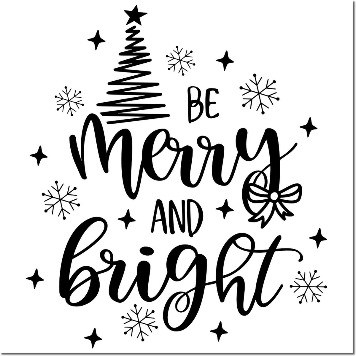 Merry and Bright Christmas rubber stamp for holiday cards, with tree, snowflakes, stars and bow