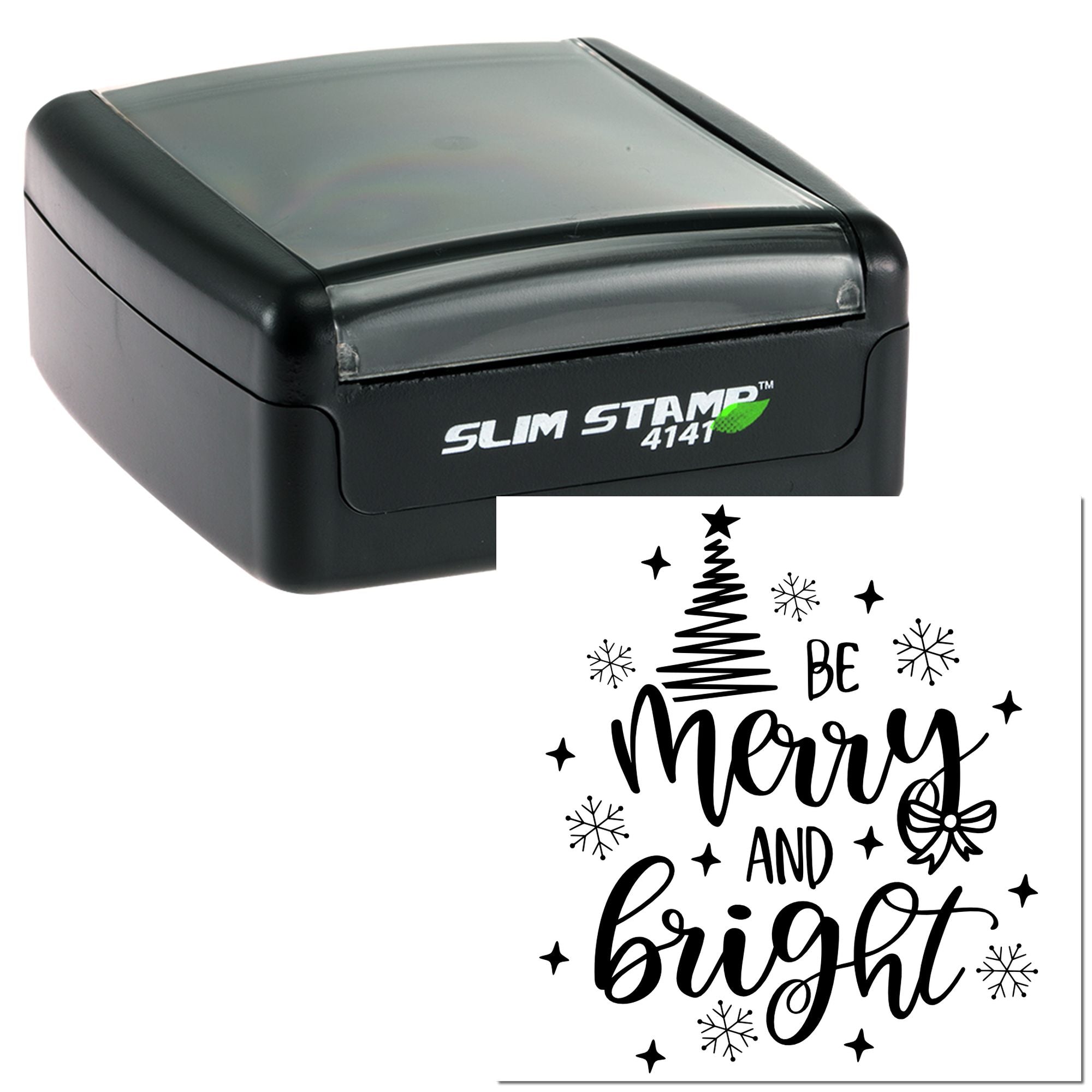 Holiday self-inking rubber stamp with Be Merry and Bright Christmas tree design for festive card making.