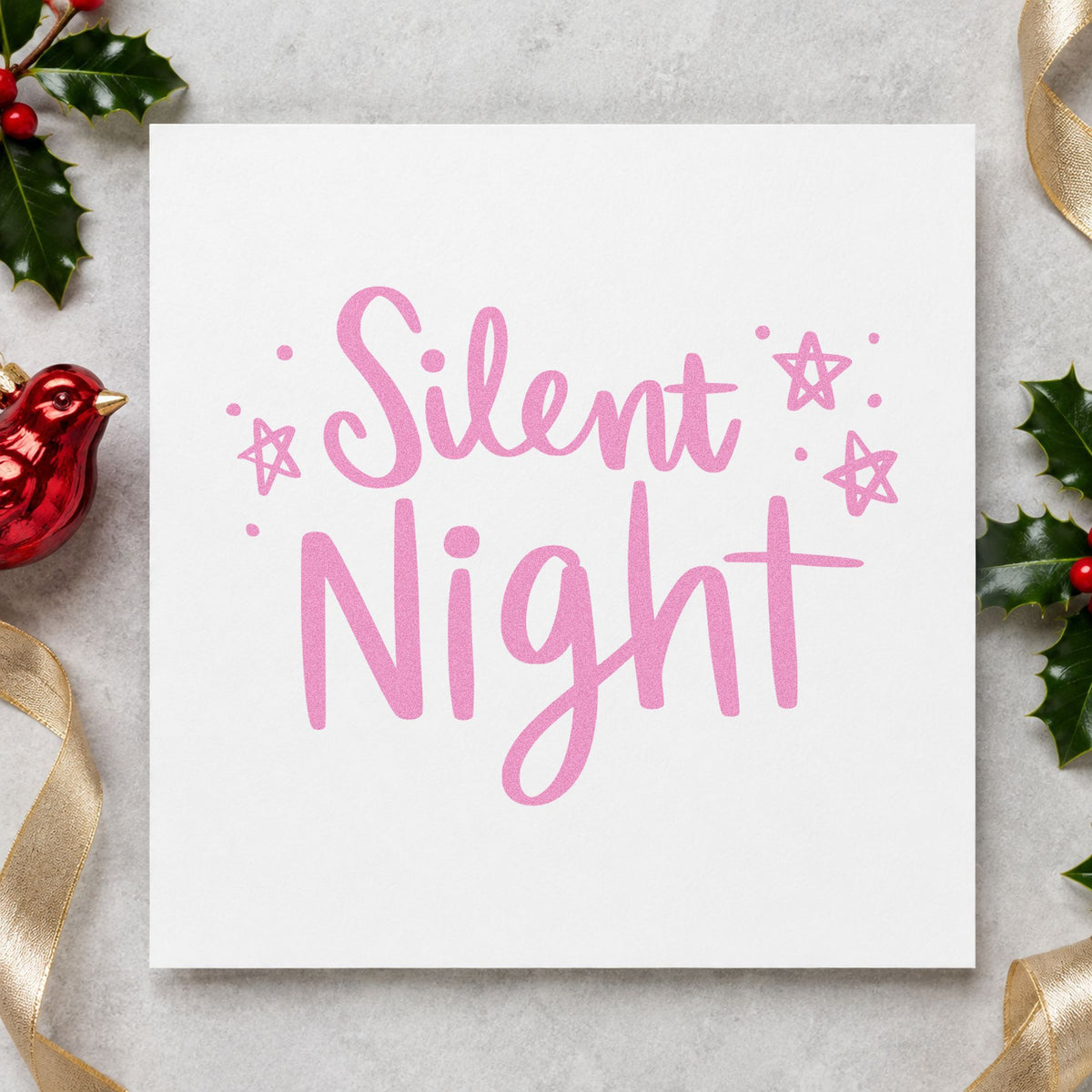 Silent Night Hand Lettering craft stamp in purple ink on cardstock, an easy option for night sky album.