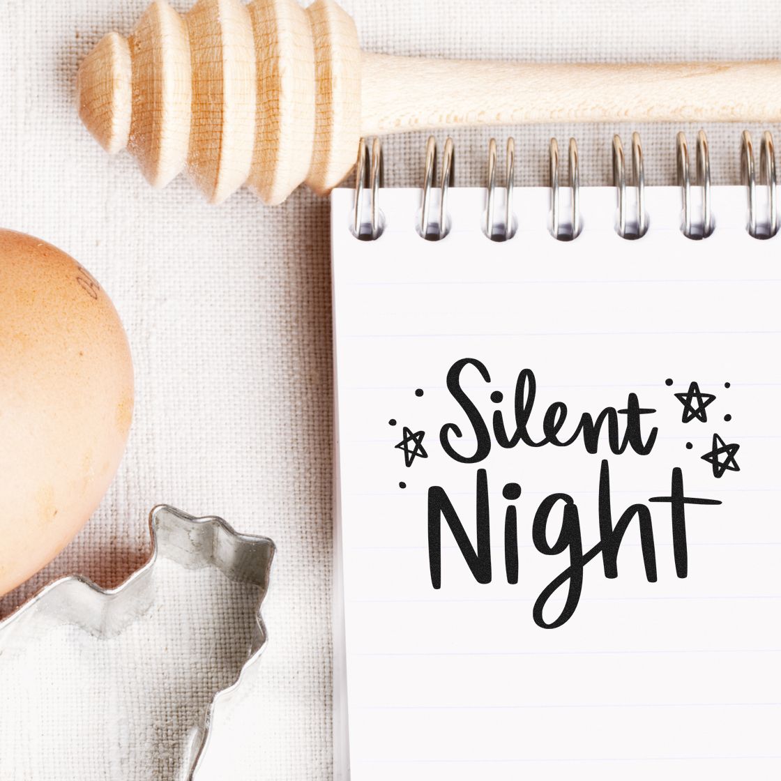 Silent Night Stamp - Premium Vintage Pro Wooden imprint stamped in black ink. The words "Silent night" appear with outlined stars and scattered dots.