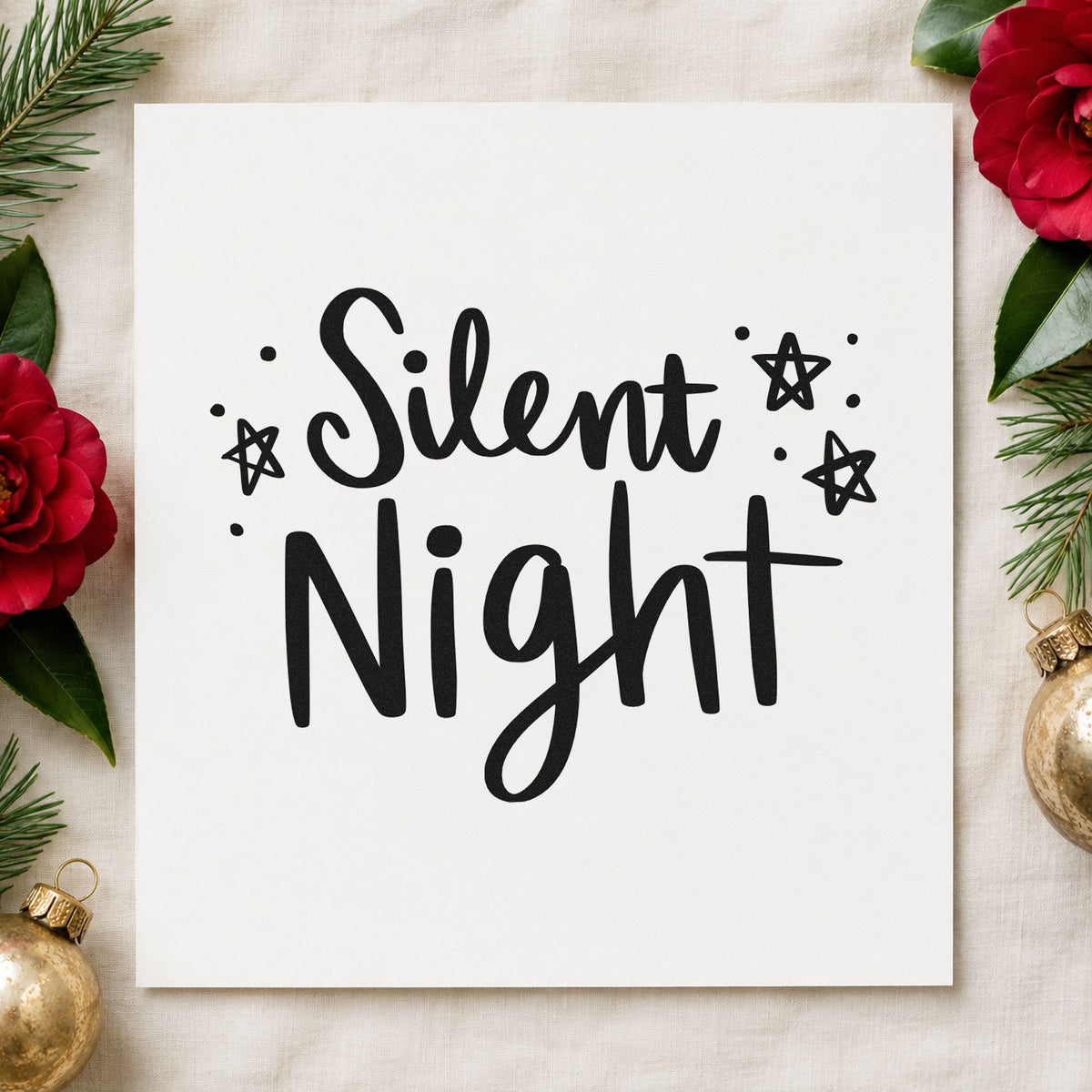 Silent Night Hand Lettering rubber stamp printed in black ink, ready for outlined stars cards and similar paper crafts.