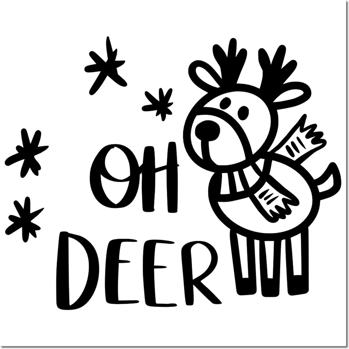 Funny Oh Deer rubber stamp with reindeer and snowflakes for Christmas cards, crafts, and holiday packaging.