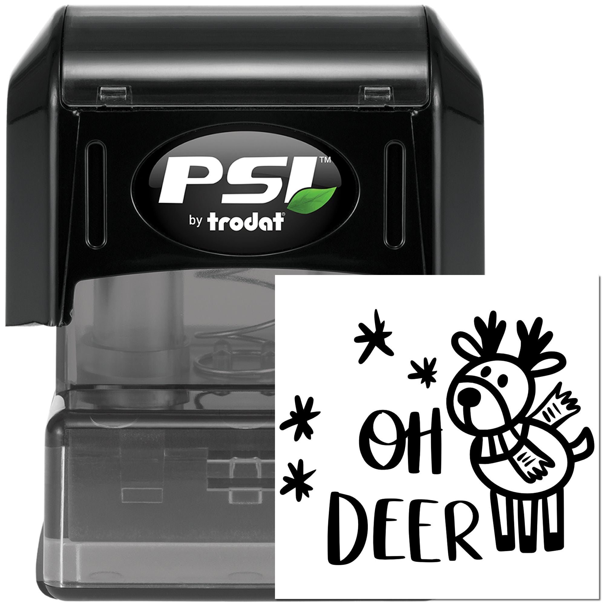 PSI by Trodat self-inking rubber stamp with whimsical Oh Deer holiday deer design for cards, crafts, and labels.