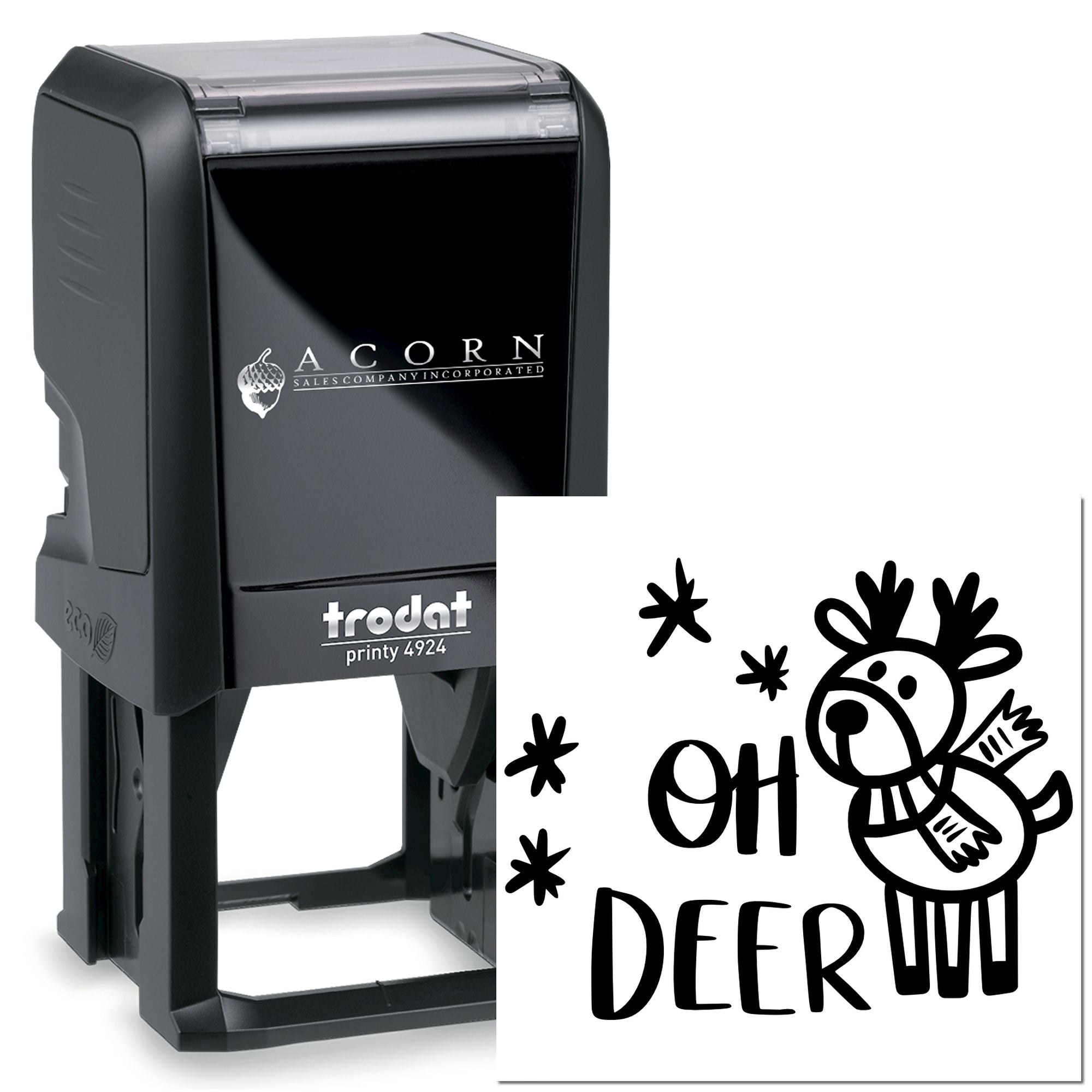 Trodat Printy 4924 self-inking rubber stamp with custom Oh Deer holiday design imprint