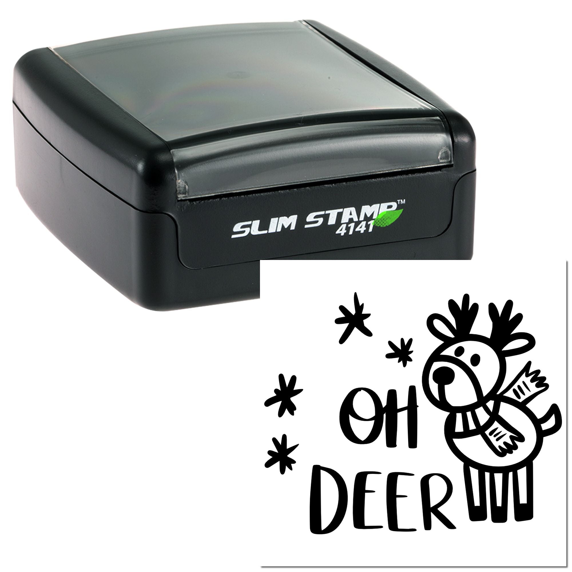 Slim Stamp 4141 self-inking rubber stamp with Oh Deer deer design for custom cards, crafts, and holiday packaging.