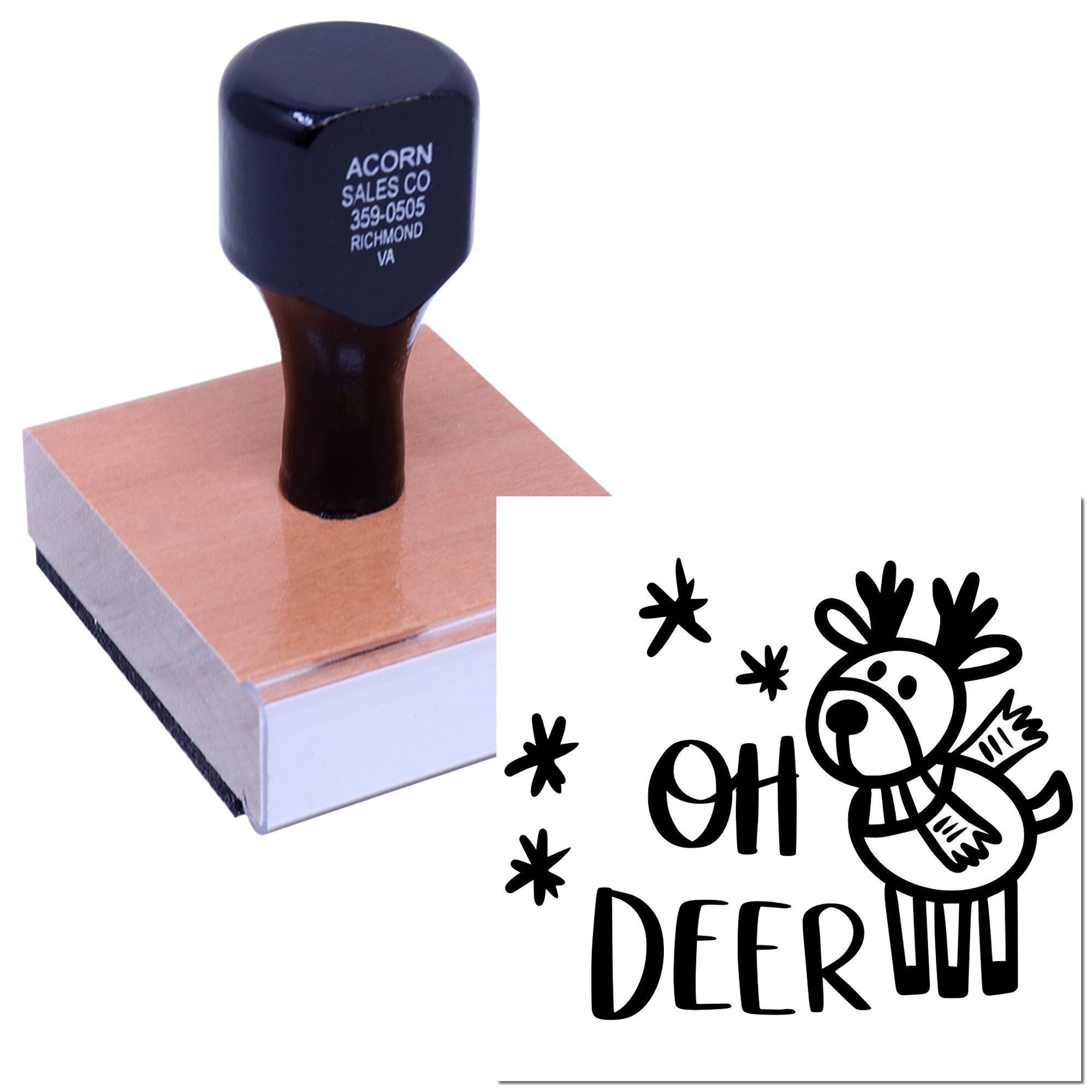 Custom rubber stamp with Oh Deer deer design for holiday cards, gift wrap, scrapbooking, and DIY craft projects.