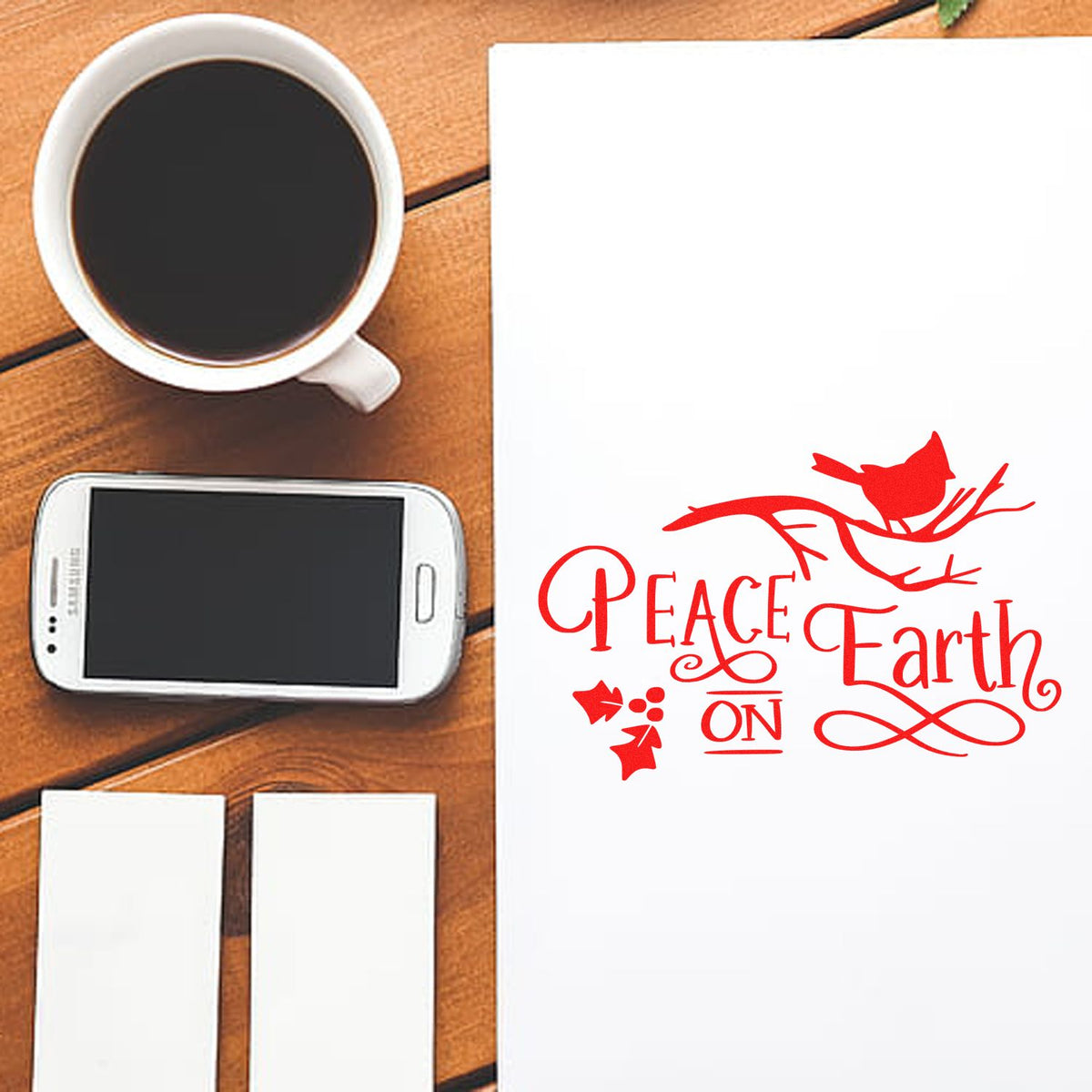 Red Peace Earth rubber stamp design on white paper, ideal for eco-friendly card making, journaling, and craft stamping.