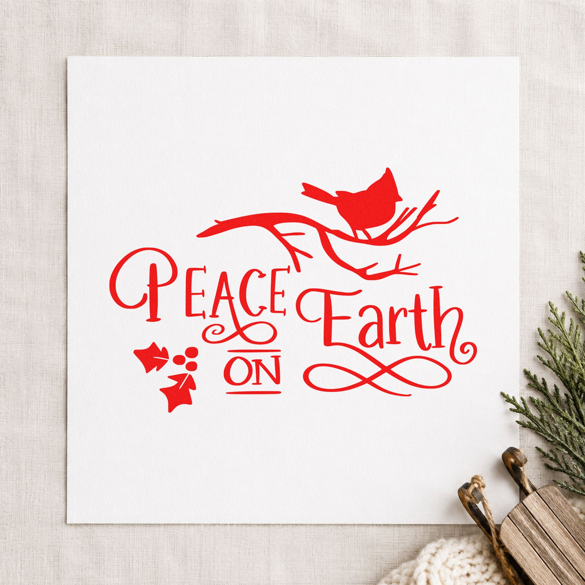 Peace On Earth Bird Branch craft stamp in red ink on cardstock, an easy option for feeder cover printing.