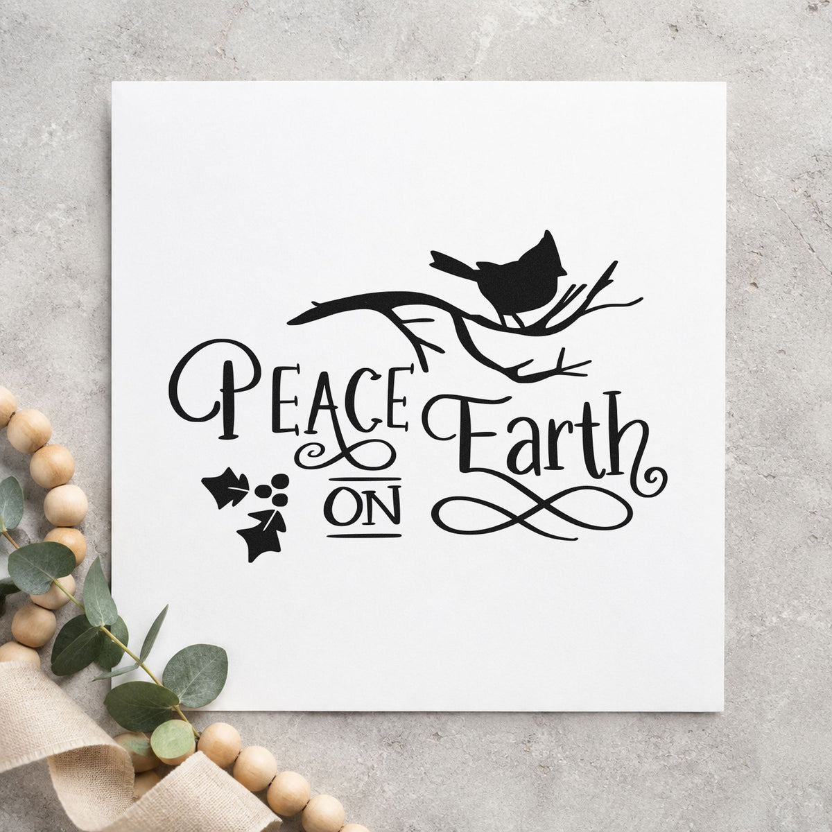 Peace On Earth Bird Branch rubber stamp printed in black ink, ready for perched bird cards and similar paper crafts.