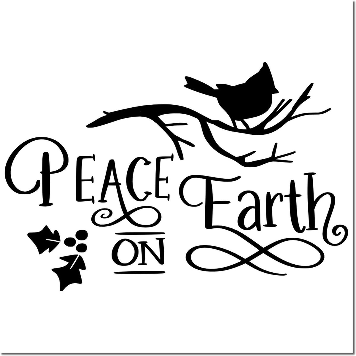 Peace on Earth rubber stamp with bird on branch, a festive holiday design for cards, crafts, and seasonal stamping.