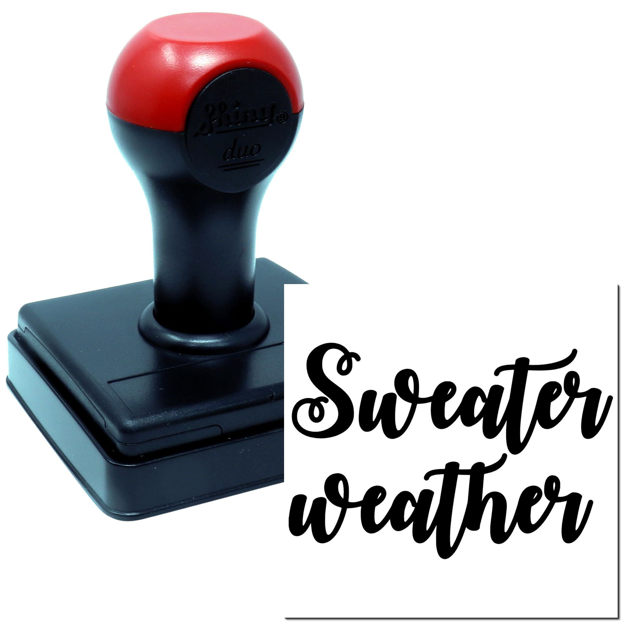 Custom self-inking rubber stamp with Sweater Weather script for seasonal crafts, cards, and DIY projects.