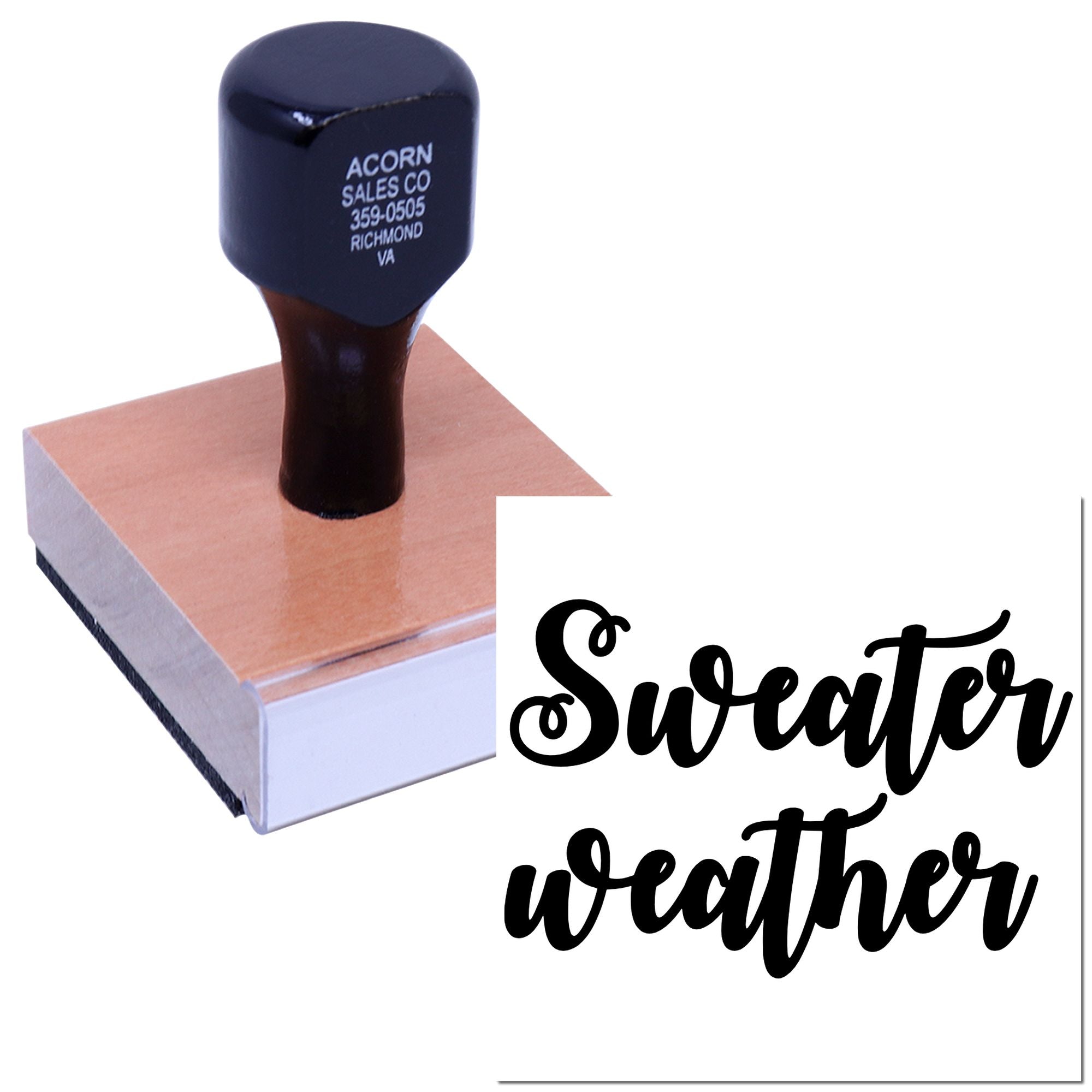 Custom rubber stamp with Sweater Weather script design for seasonal crafts, cards, and holiday packaging.