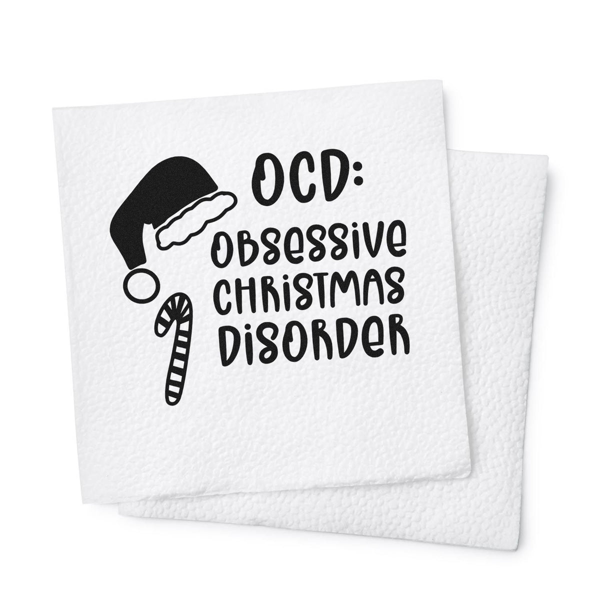 Christmas rubber stamp design reading OCD: Obsessive Christmas Disorder with a Santa hat and candy cane.