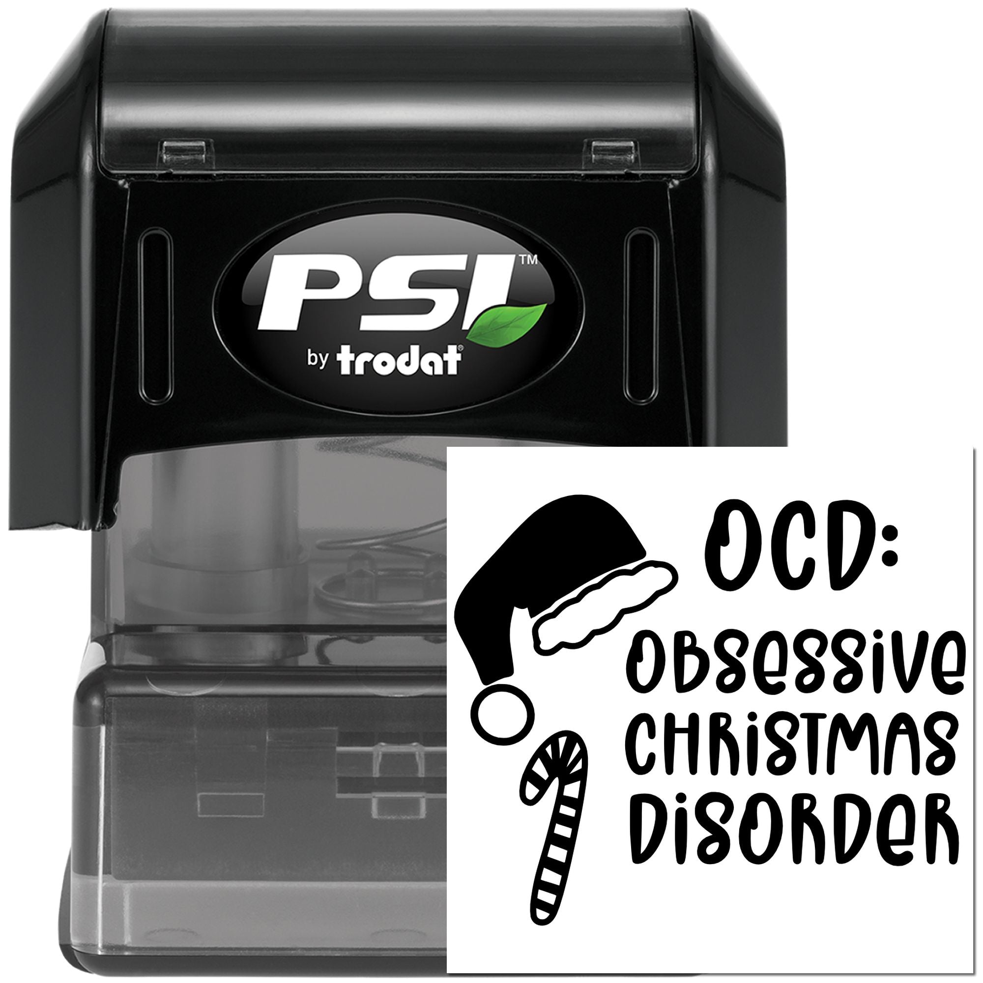 Self-inking Christmas rubber stamp with OCD: Obsessive Christmas Disorder design for festive cards, gifts, and crafts.
