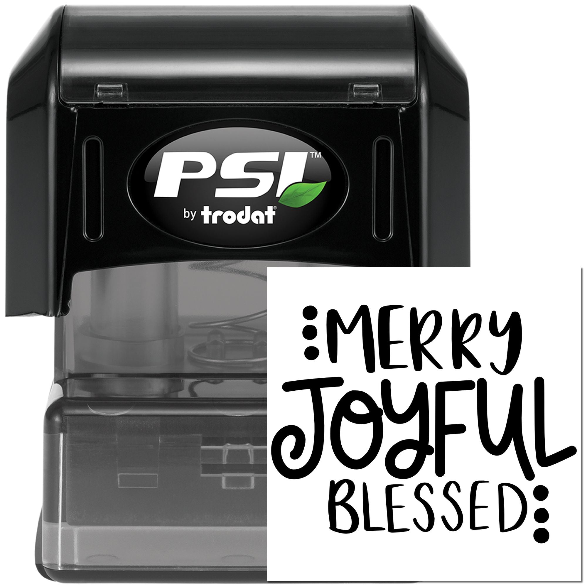 PSI by Trodat self-inking rubber stamp, Merry Joyful Blessed design for holiday cards, gift tags, and custom stamping.