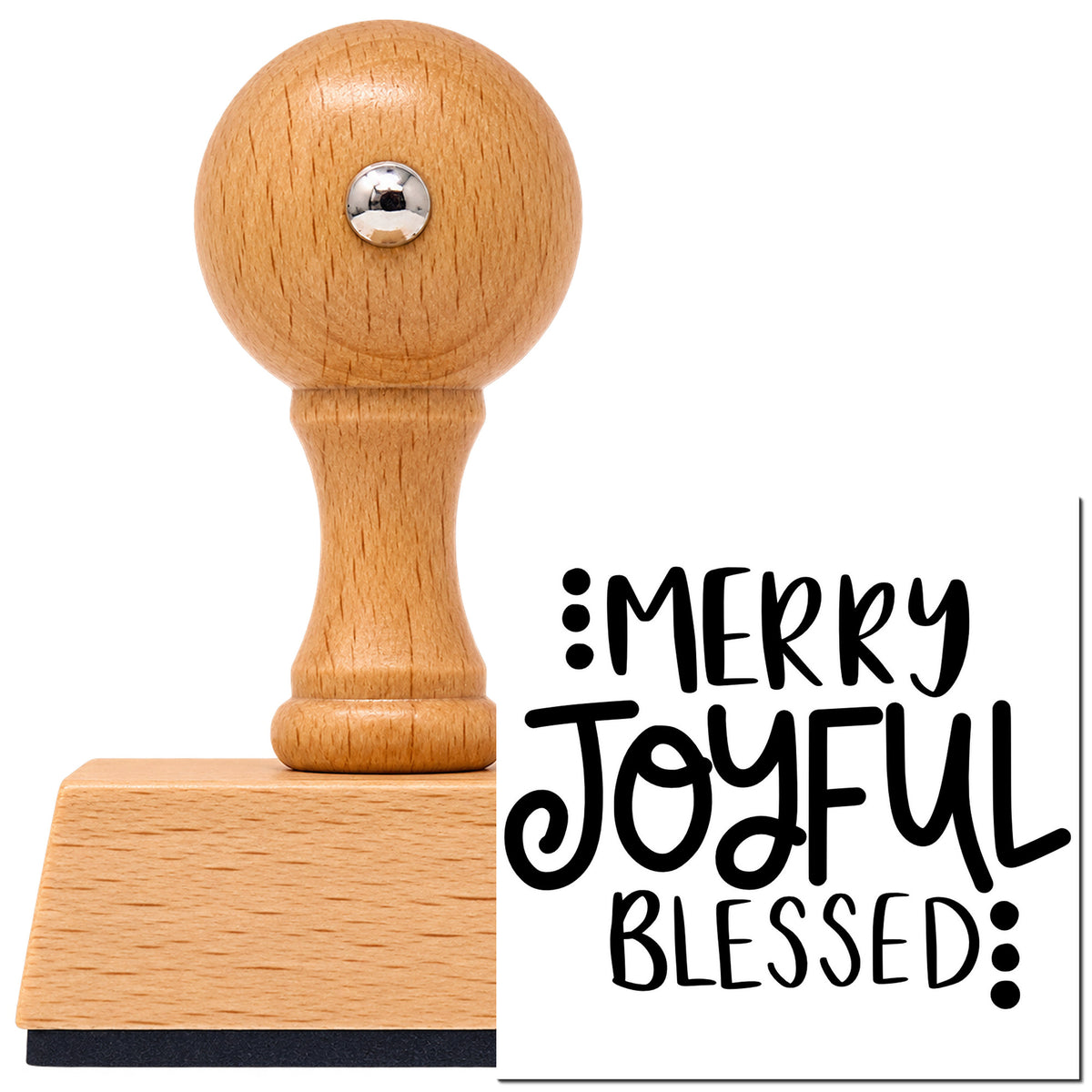 Merry Joyful Blessed Dots Vintage Pro rubber stamp in European beech wood with a round knob handle, shown beside its black imprint.
