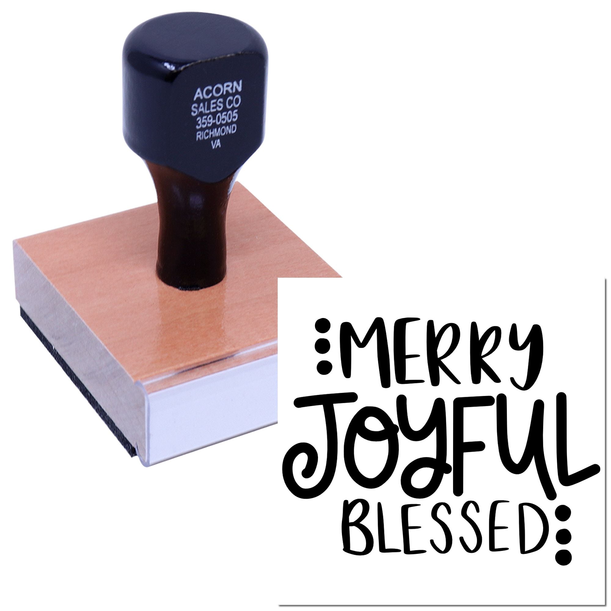 Wood-mounted rubber stamp with Merry Joyful Blessed design for holiday cards, church crafts, and seasonal packaging.
