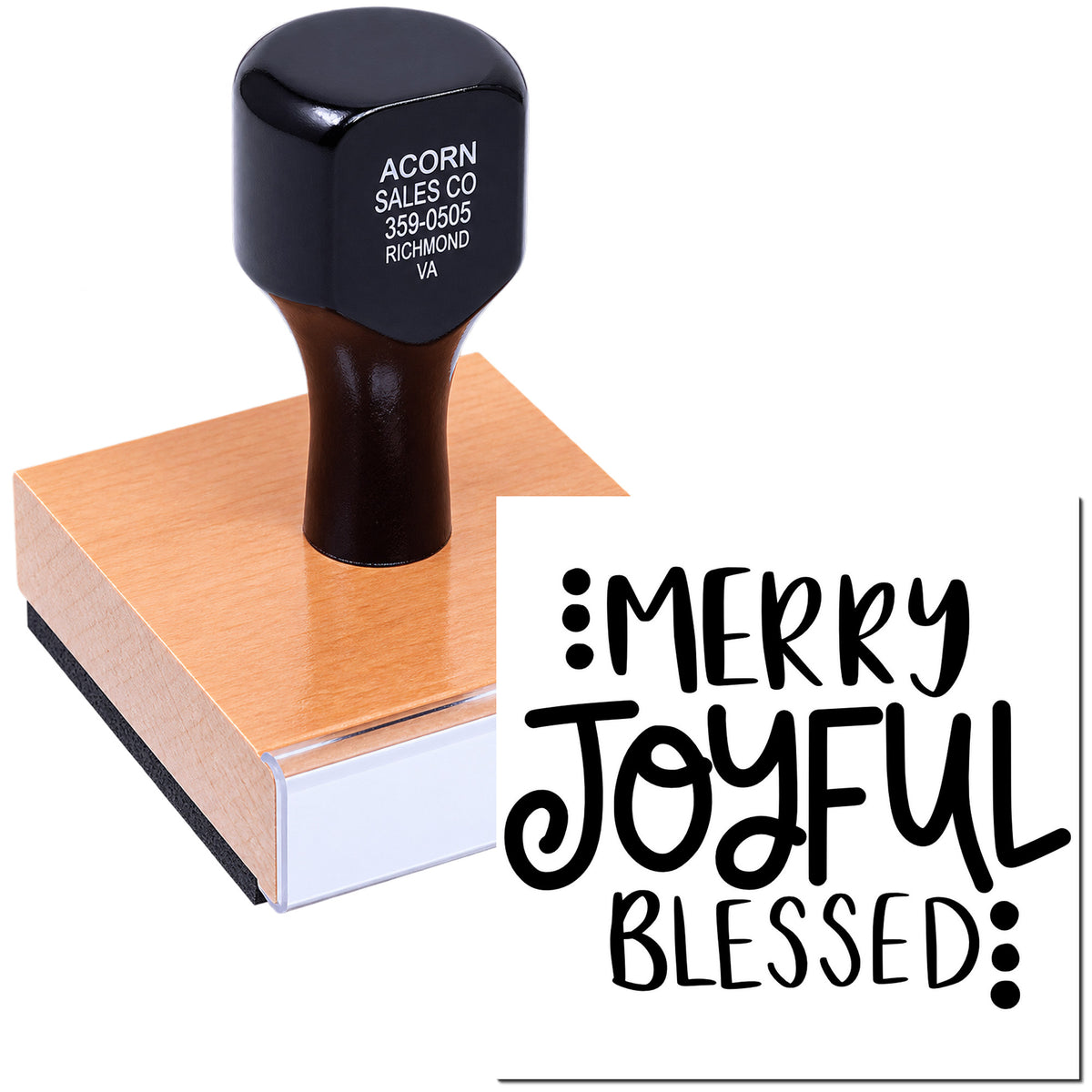 Wood-mounted rubber stamp with Merry Joyful Blessed design for holiday cards, church crafts, and seasonal packaging.