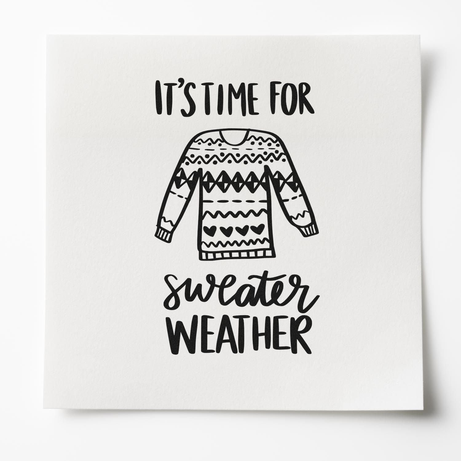 Sweater weather rubber stamp design with cozy sweater illustration and fall-themed Its time for sweater weather text.