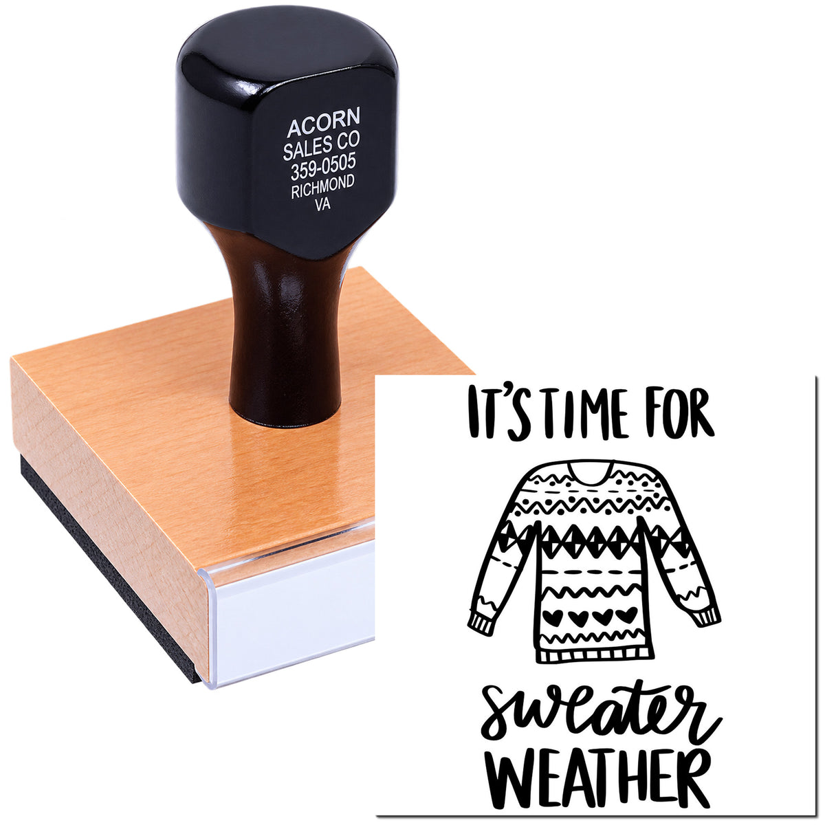 Personalized self-inking rubber stamp with sweater weather design, shown making a custom fall apparel stamp impression.