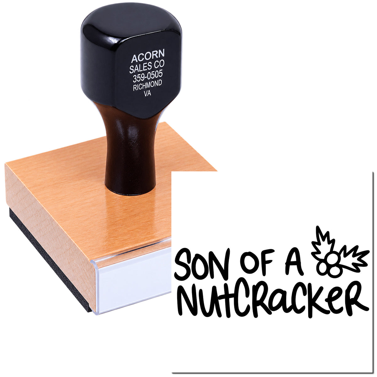 Custom wood handle rubber stamp for business branding, shown with Son of a Nutcracker imprint design.