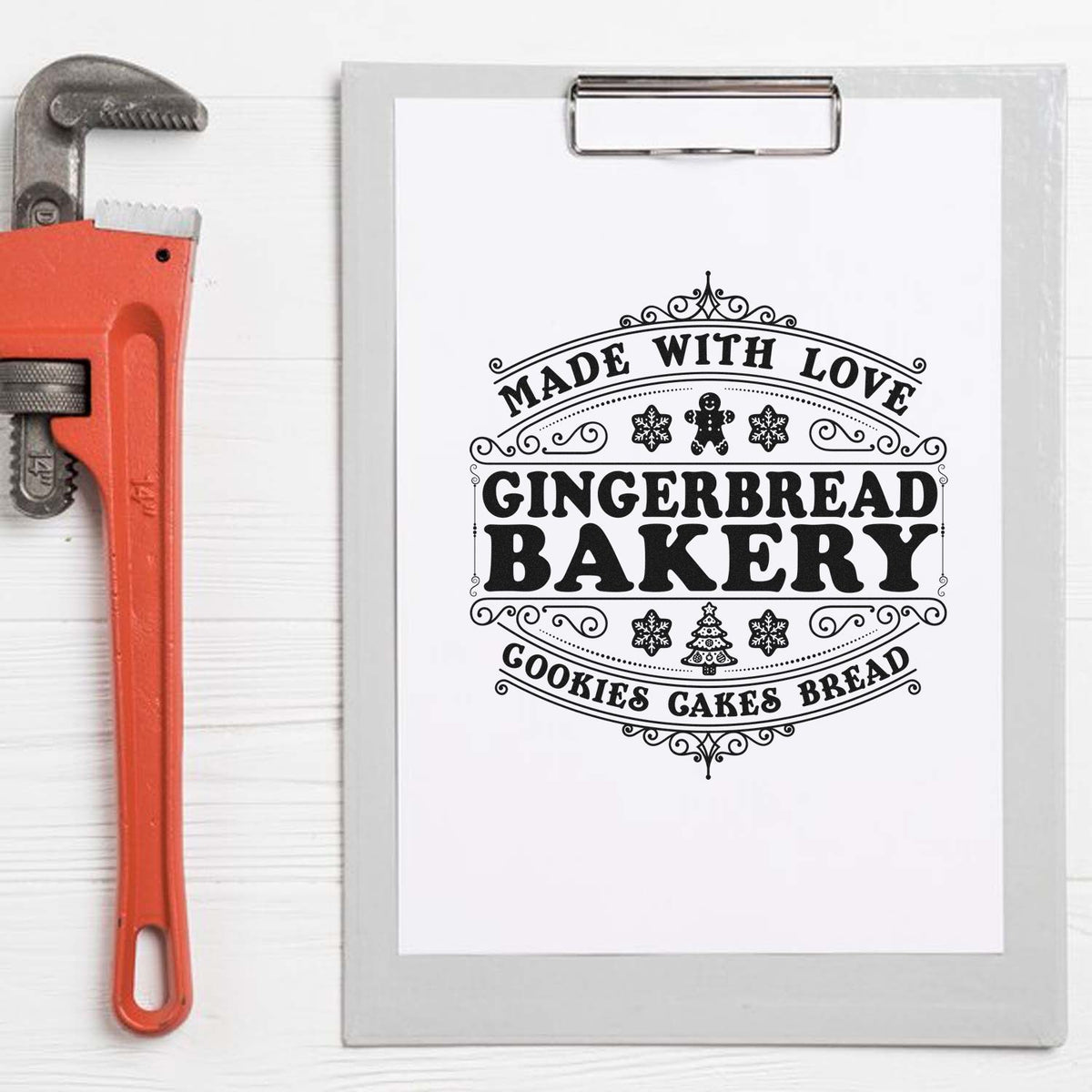Vintage gingerbread bakery rubber stamp design mockup with Made with Love text for cookies, cakes and bread packaging.