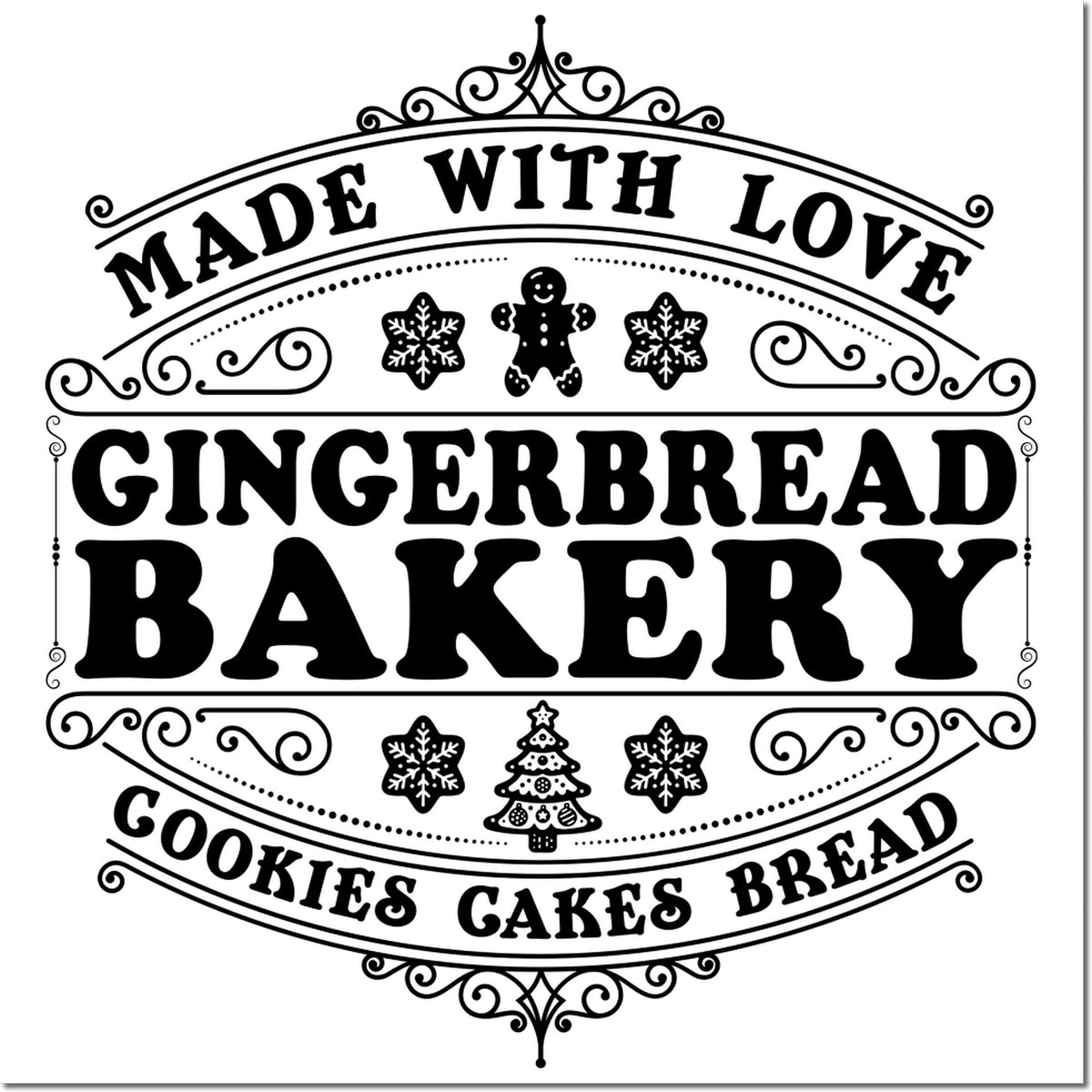 Decorative gingerbread bakery rubber stamp design with Made with Love text, cookies, cakes, bread, snowflakes, and ornate holiday frame.