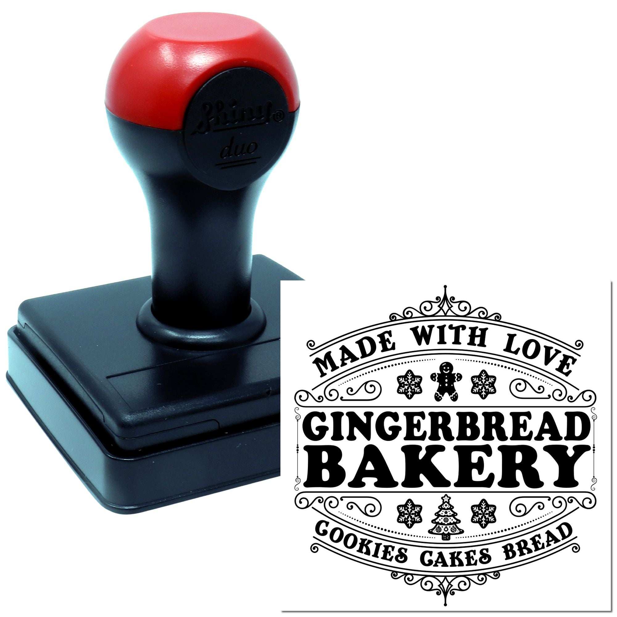Self-inking rubber stamp with Made with Love Gingerbread Bakery design for labeling cookies, cakes, and bread packaging.