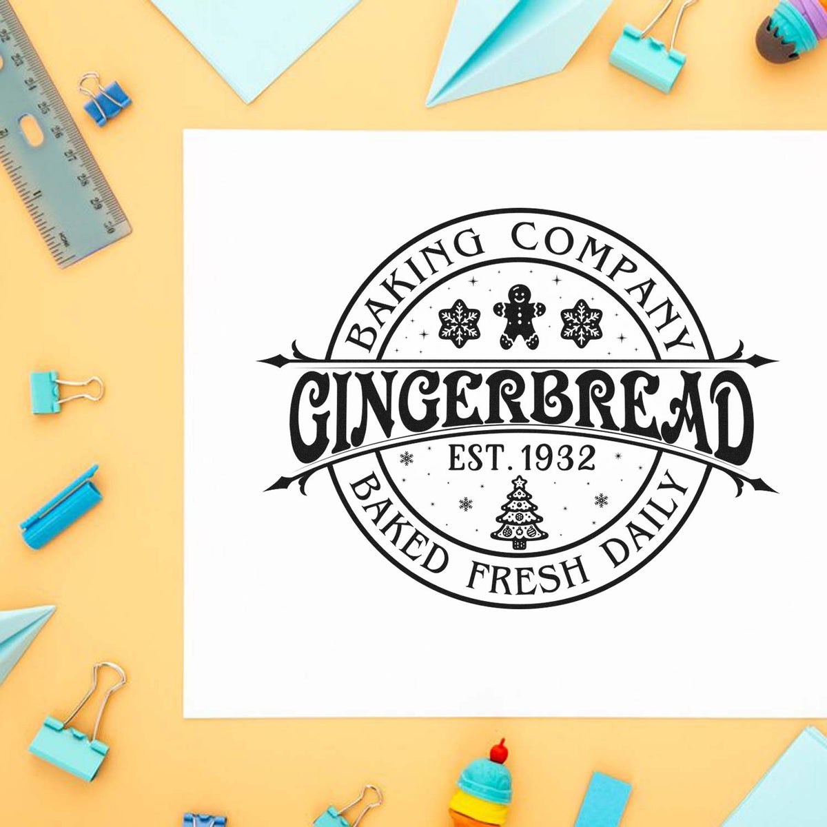 Custom rubber stamp logo for Gingerbread Bakery Company with gingerbread theme and Baked Fresh Daily branding.