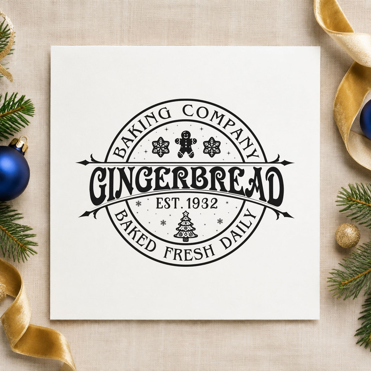 Gingerbread Baking Company 1932 rubber stamp printed in black ink, ready for year record sheet and similar paper crafts.