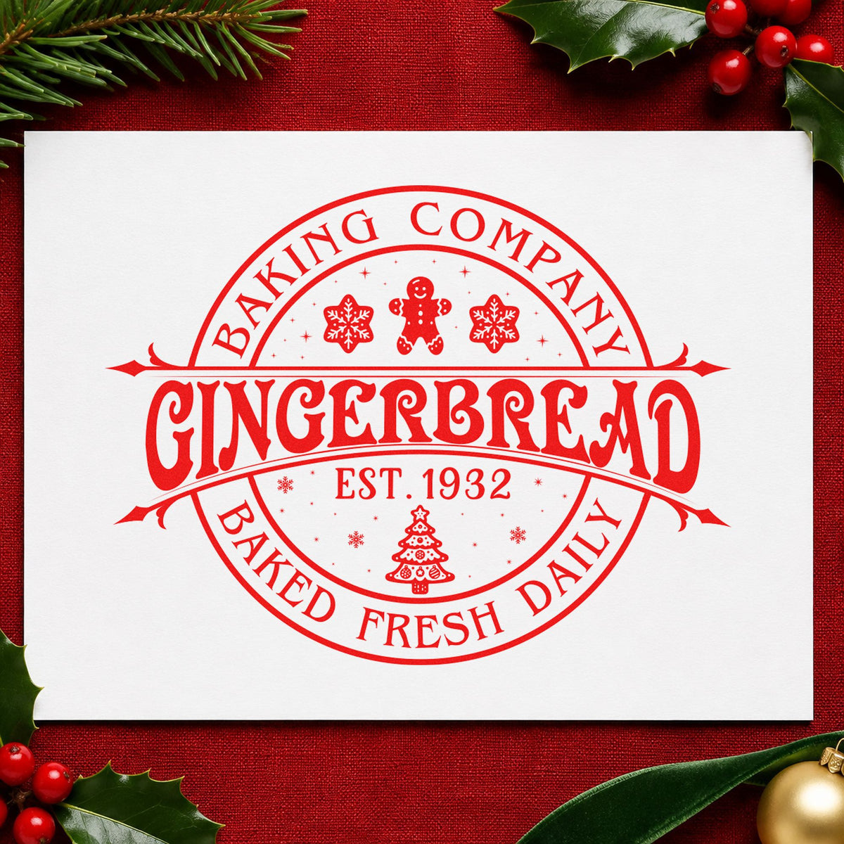 Gingerbread Baking Company 1932 rubber stamp shown in red ink, stamped for projects such as tin top labels.
