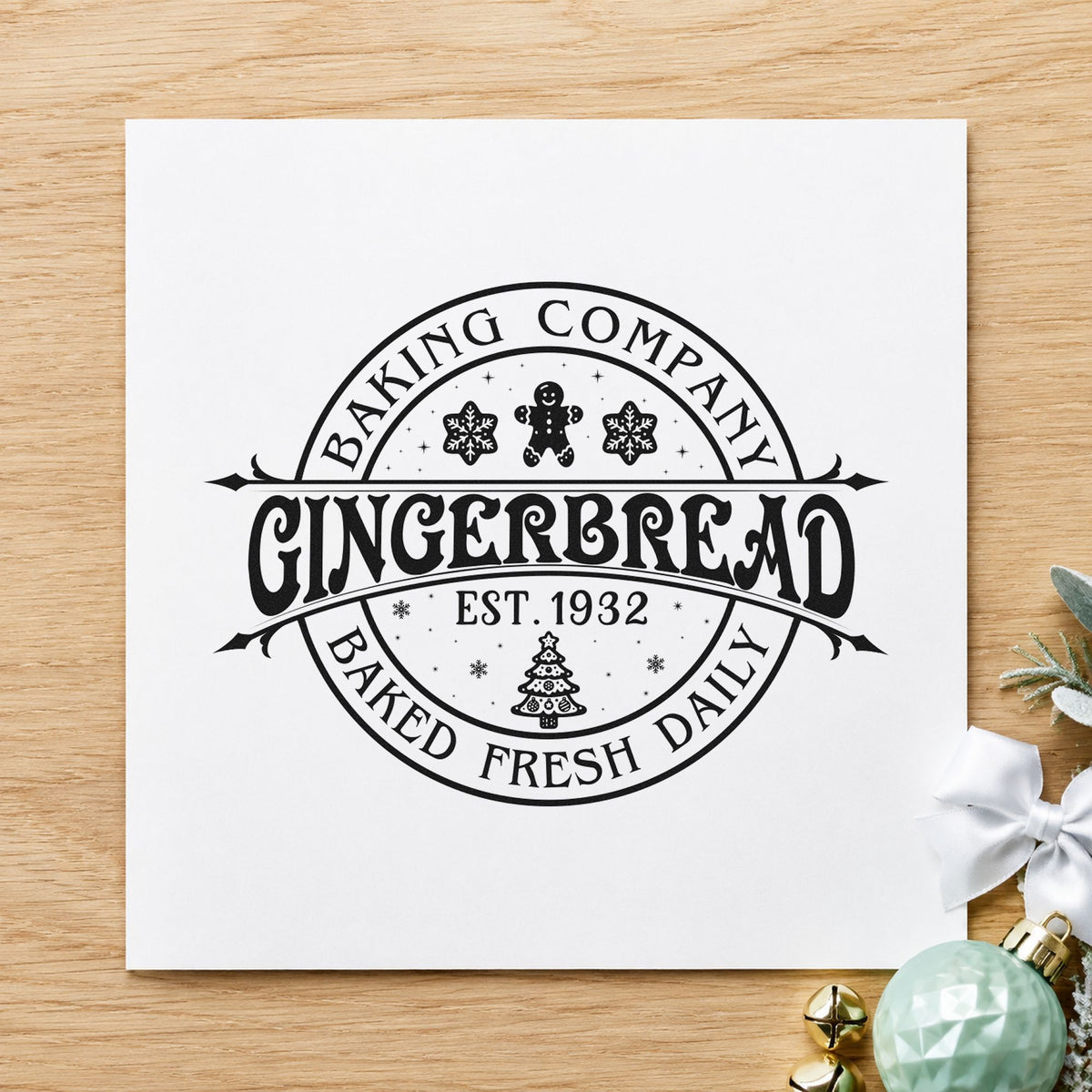 Gingerbread Baking Company 1932 rubber stamp printed in black ink, ready for round heritage cards and similar paper crafts.