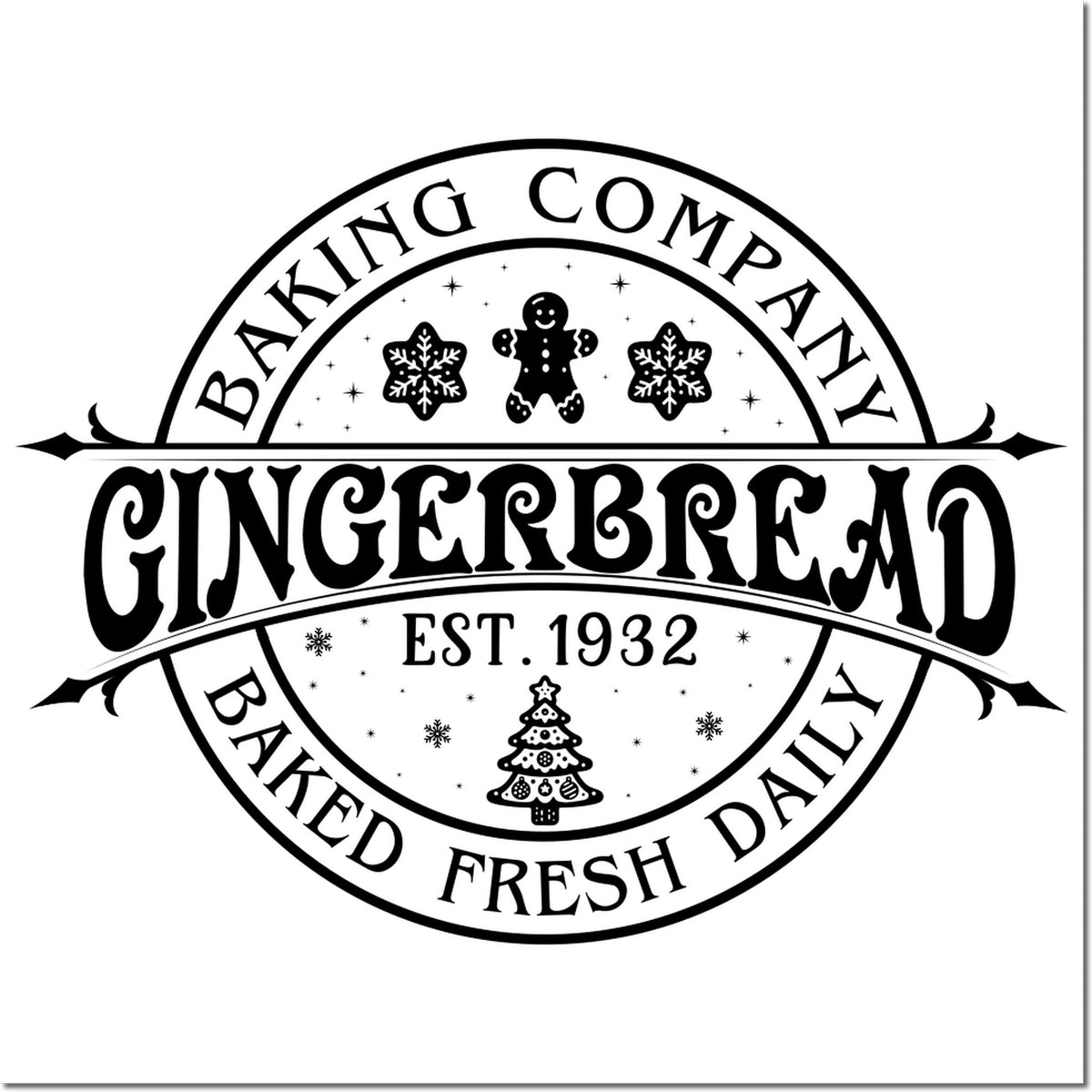 Holiday bakery logo rubber stamp for Gingerbread Baking Company, featuring est. 1932 and baked fresh daily text.