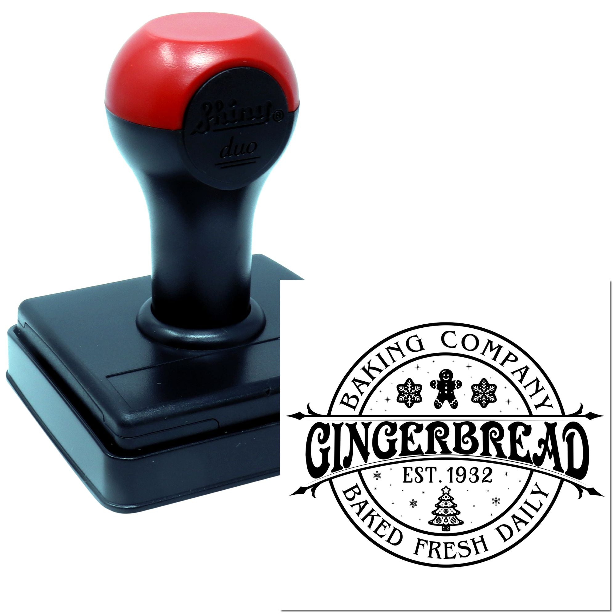 Custom self-inking rubber stamp for bakeries, featuring Gingerbread Company logo imprint for branded packaging.