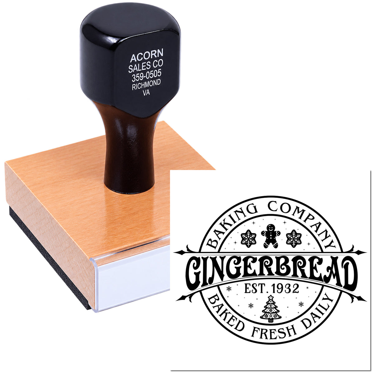 Custom bakery rubber stamp with gingerbread logo for branded packaging and baked fresh daily labels.