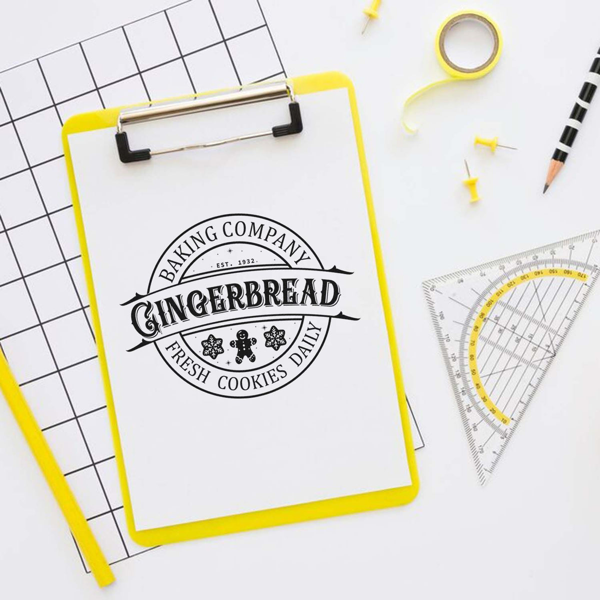 Custom rubber stamp for bakery branding, showing a gingerbread company logo on a clipboard.