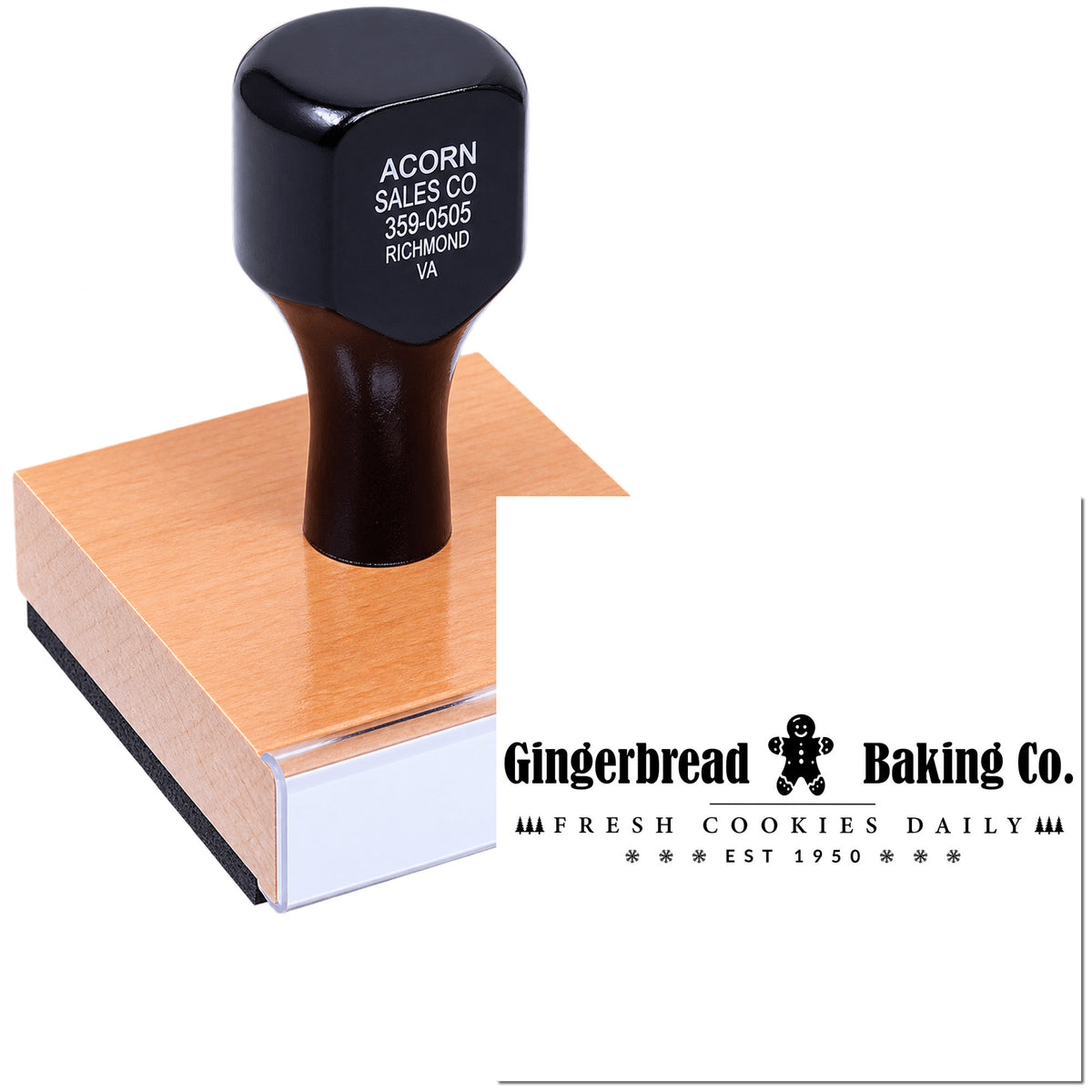Custom rubber stamp on wood block showing Gingerbread Baking Co. bakery logo imprint for fresh cookies daily.