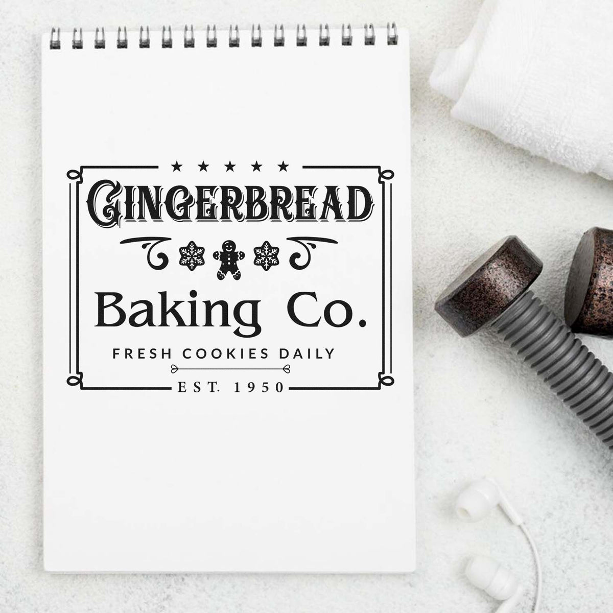 Custom gingerbread baking company rubber stamp design for bakery branding, with fresh cookies daily and est. 1950.