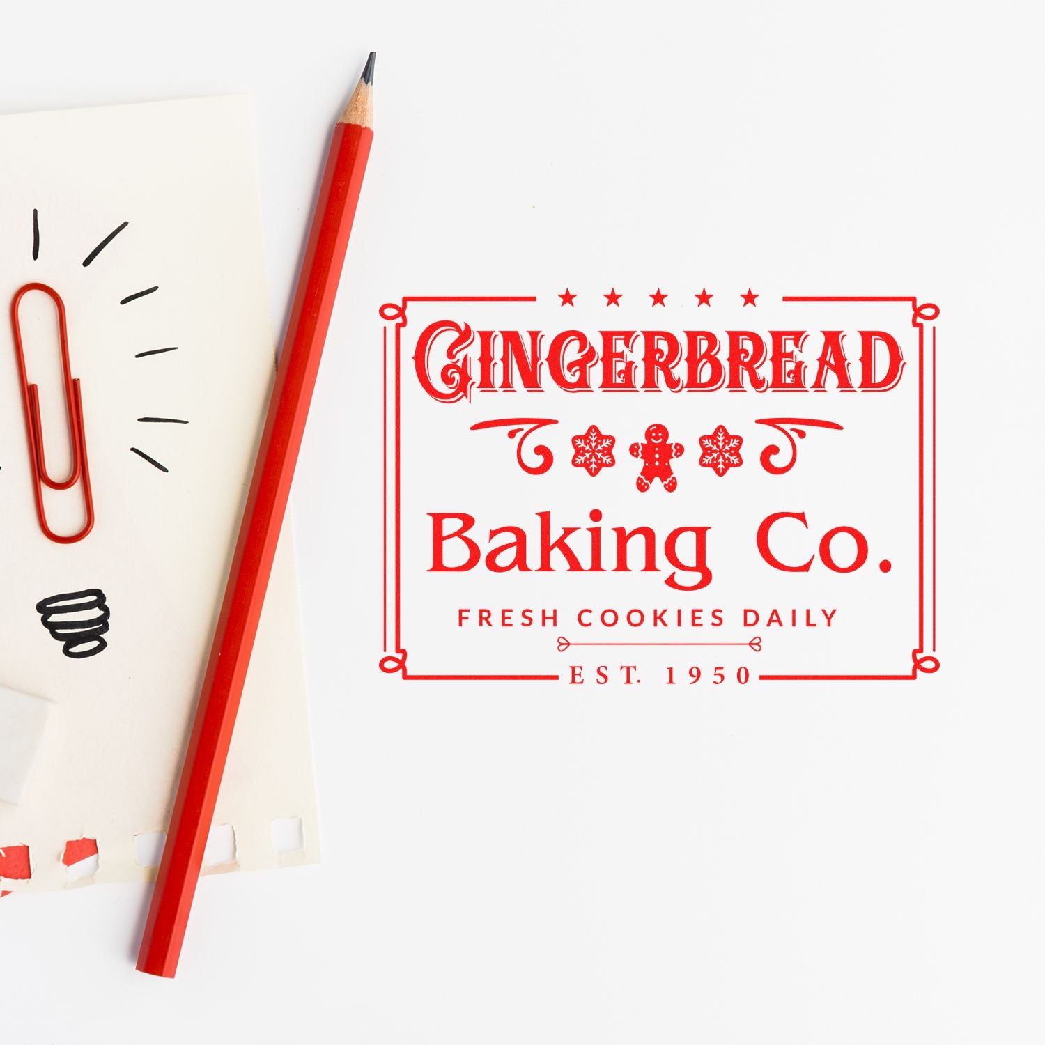Custom gingerbread bakery rubber stamp design with fresh cookies daily and est. 1950 for festive cookie branding.