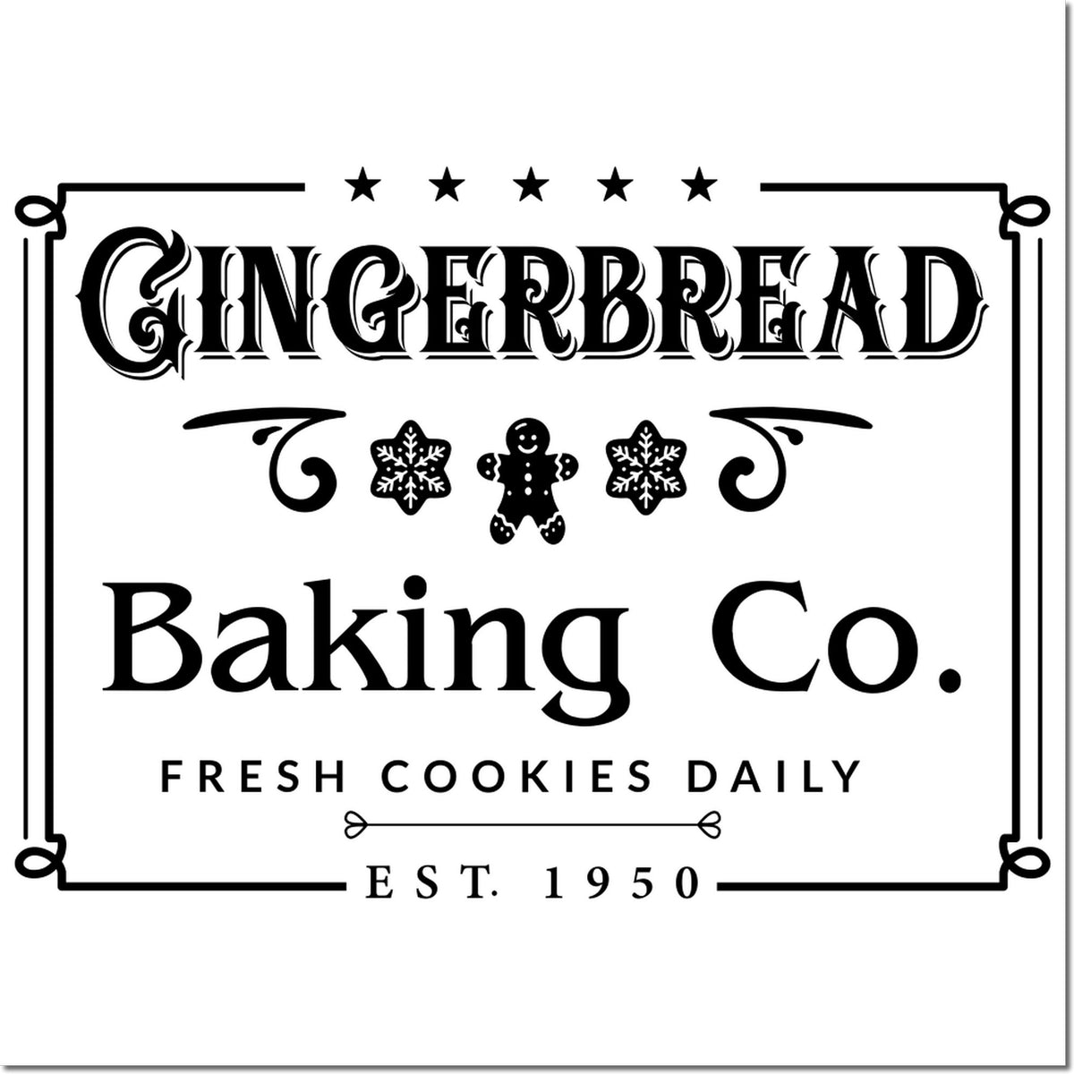 Gingerbread Baking Co. rubber stamp design with vintage bakery sign, gingerbread man, snowflakes, Fresh Cookies Daily, Est. 1950.