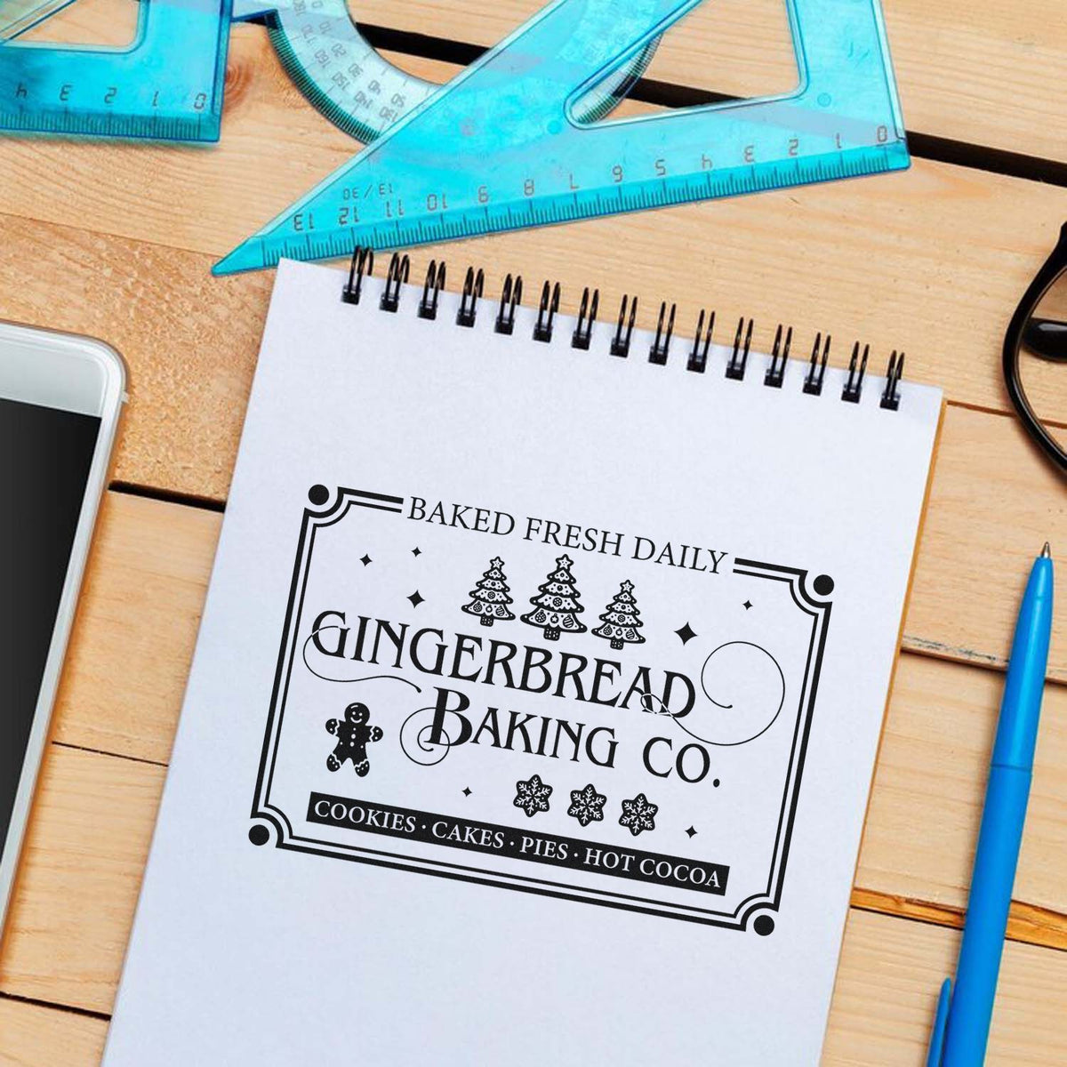 Gingerbread Baking Company Daily Pre-Inked Stamp – PSI imprint stamped in black ink. A vintage bordered sign reads "Baked fresh daily Gingerbread Baking Co." with trees, gingerbread, snowflakes, and small decorative stars.