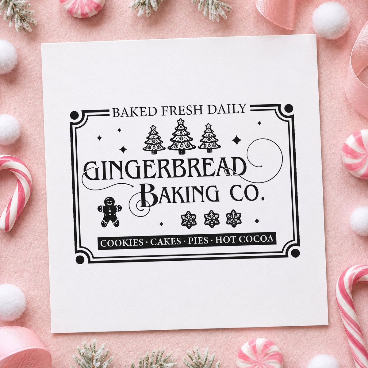 Gingerbread Baking Company Daily craft stamp imprint in black ink on a handmade project, one idea being booth price tags.