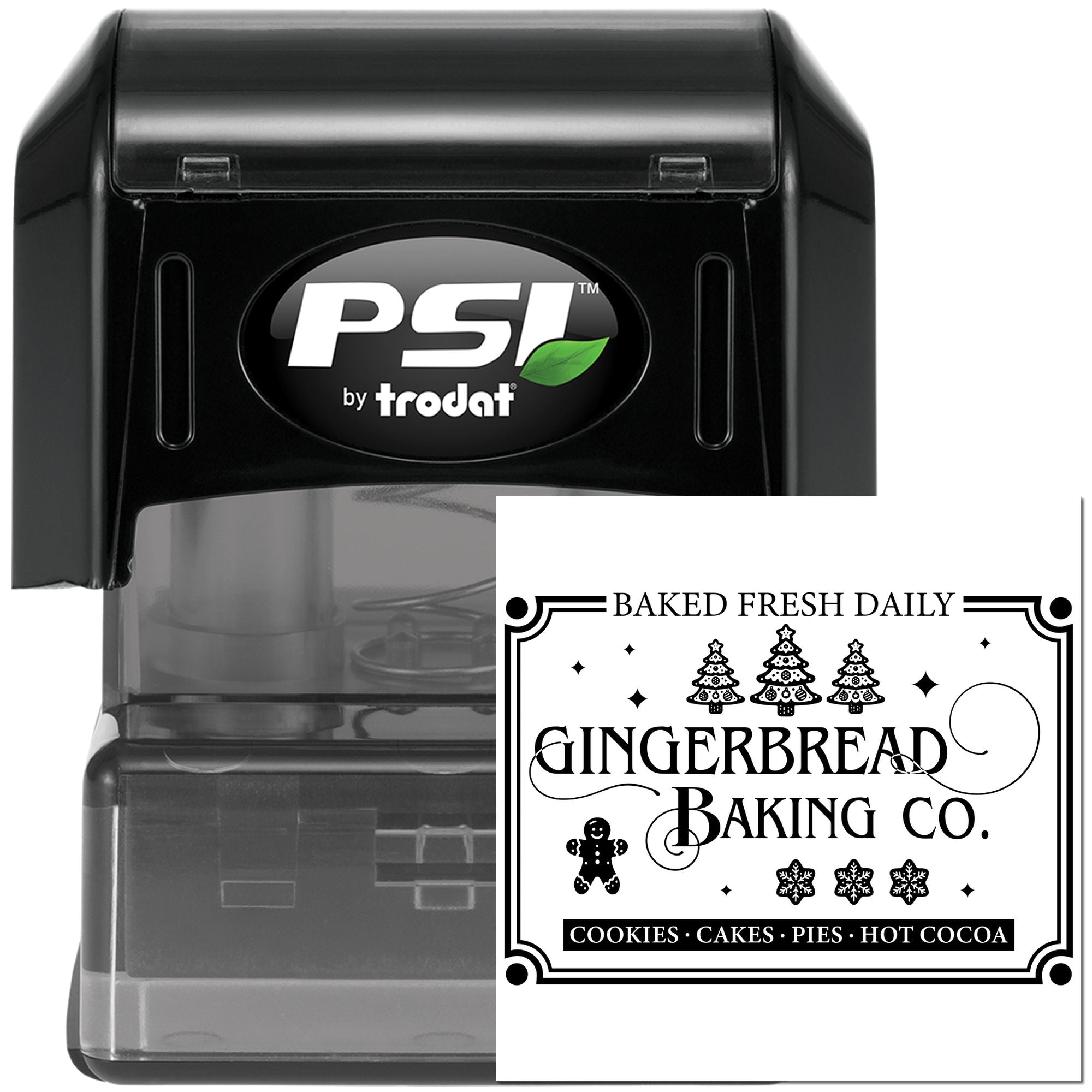 Custom self-inking rubber stamp for bakery branding, featuring Gingerbread Baking Co. baked fresh daily logo.